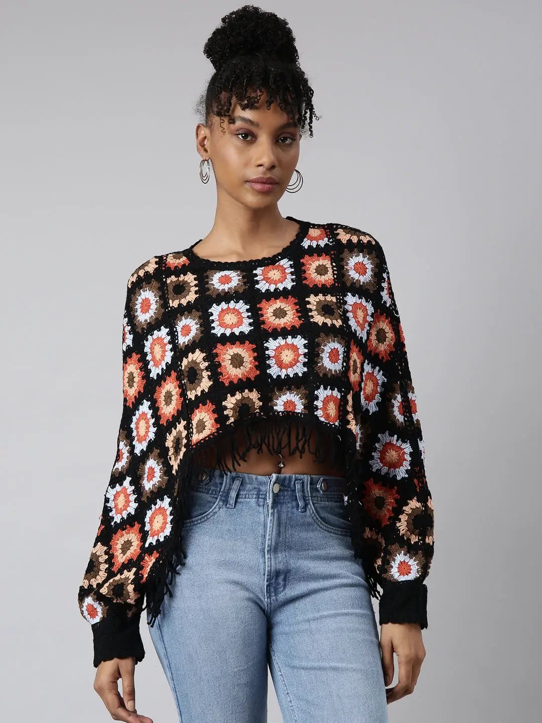 Women's Black Self Design Cape Crop Crochet Top