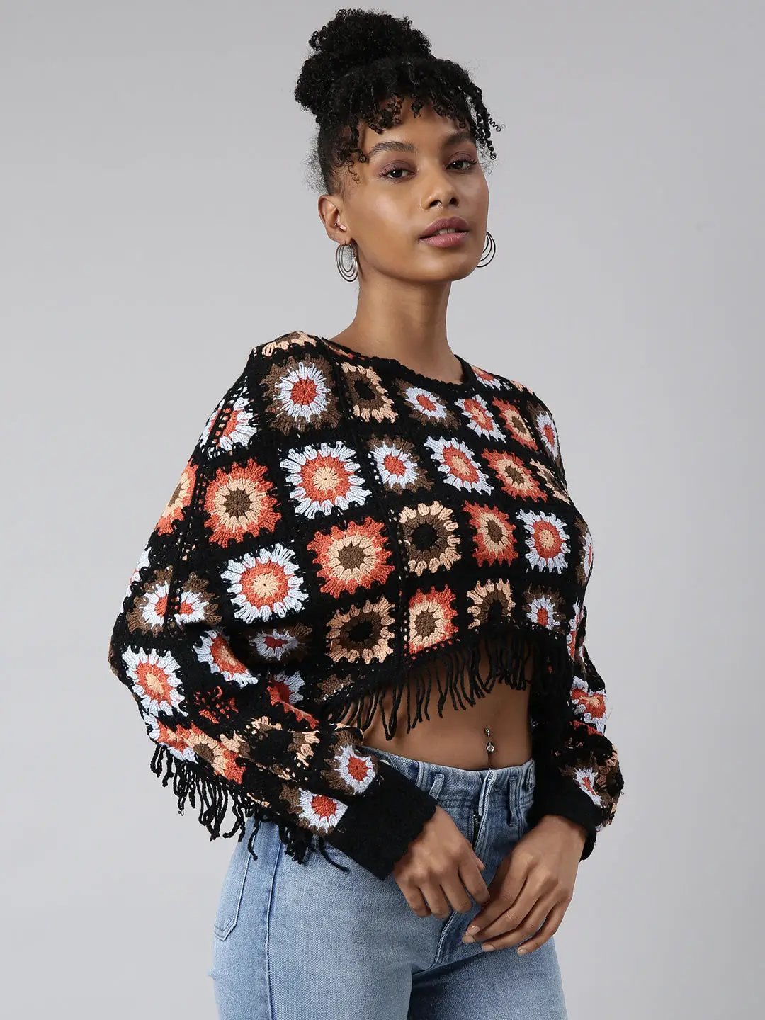 Women's Black Self Design Cape Crop Crochet Top