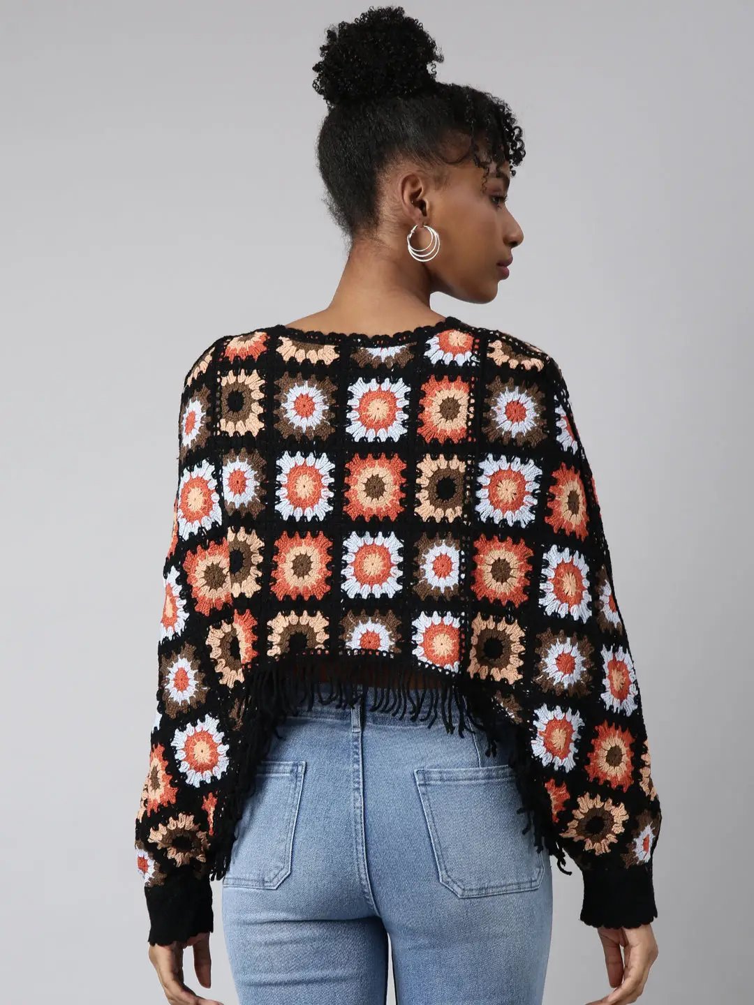 Women's Black Self Design Cape Crop Crochet Top