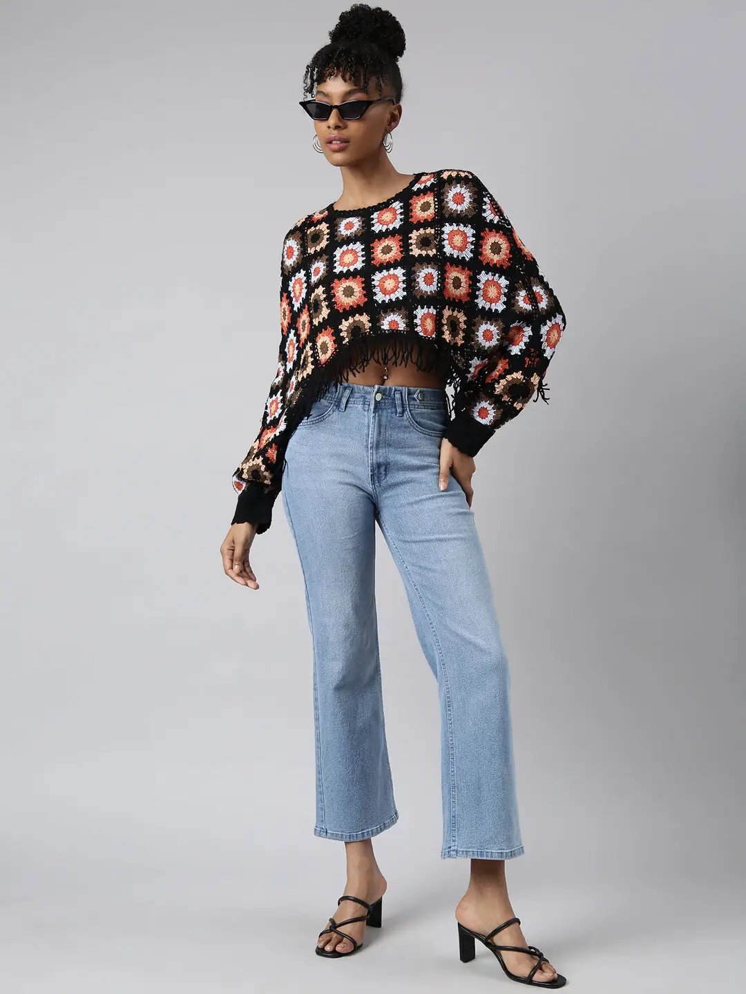 Women's Black Self Design Cape Crop Crochet Top
