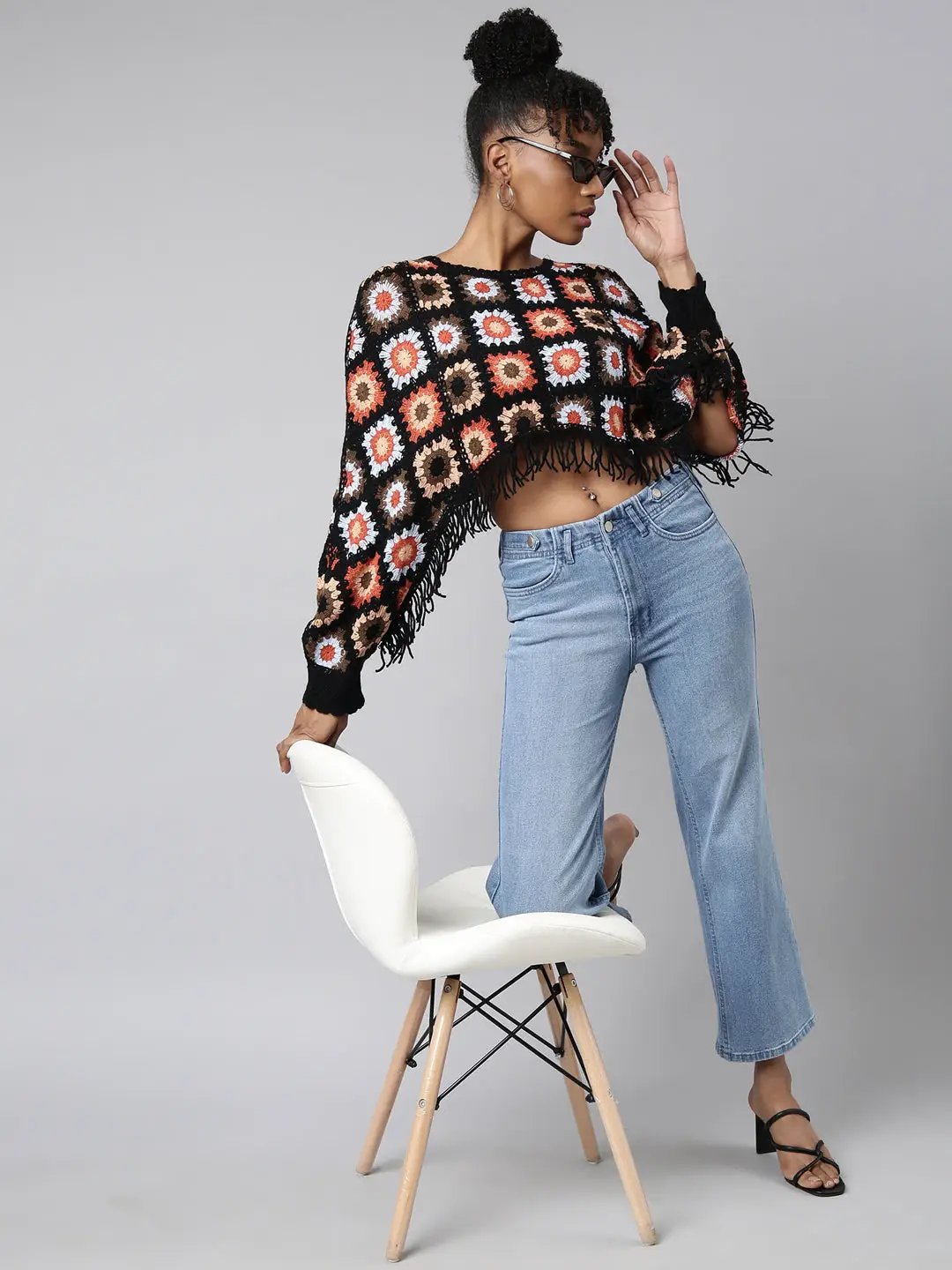 Women's Black Self Design Cape Crop Crochet Top