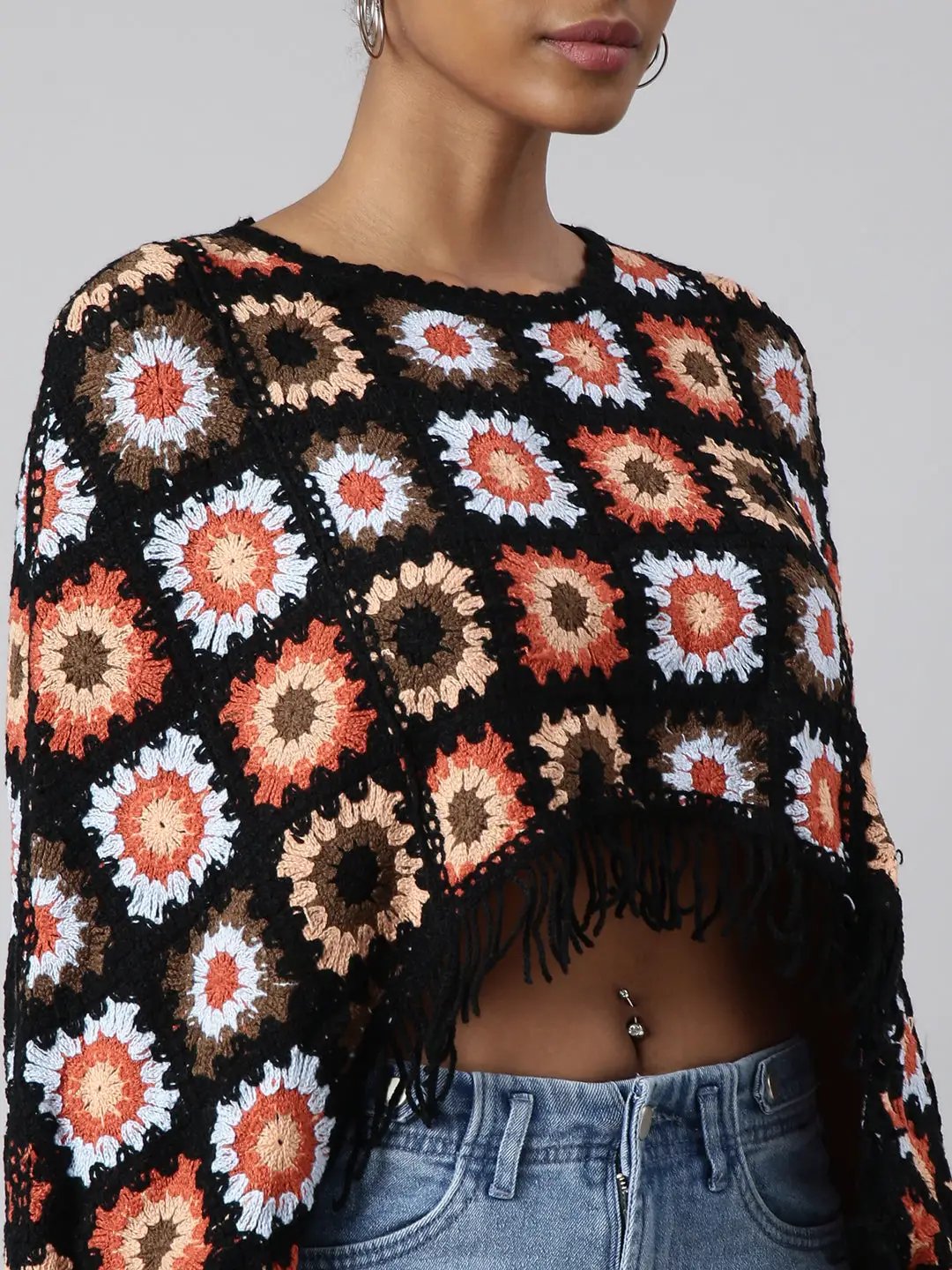 Women's Black Self Design Cape Crop Crochet Top