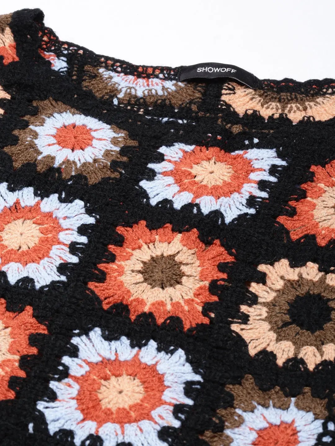 Women's Black Self Design Cape Crop Crochet Top