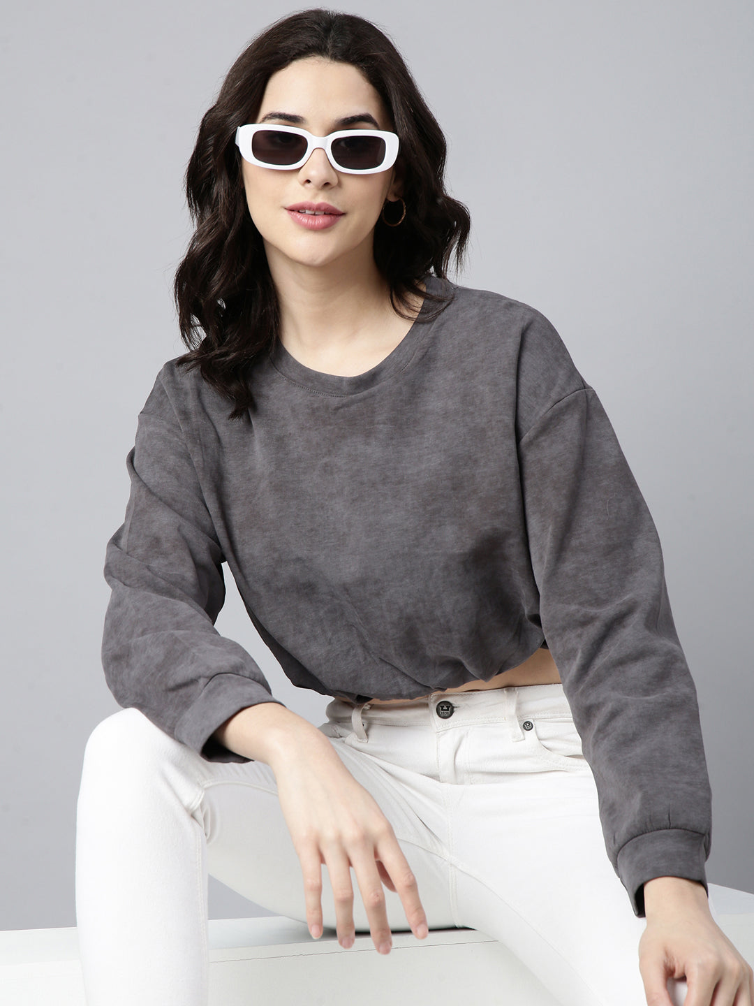 Women Solid Grey Blouson Drop Shoulder Crop Top