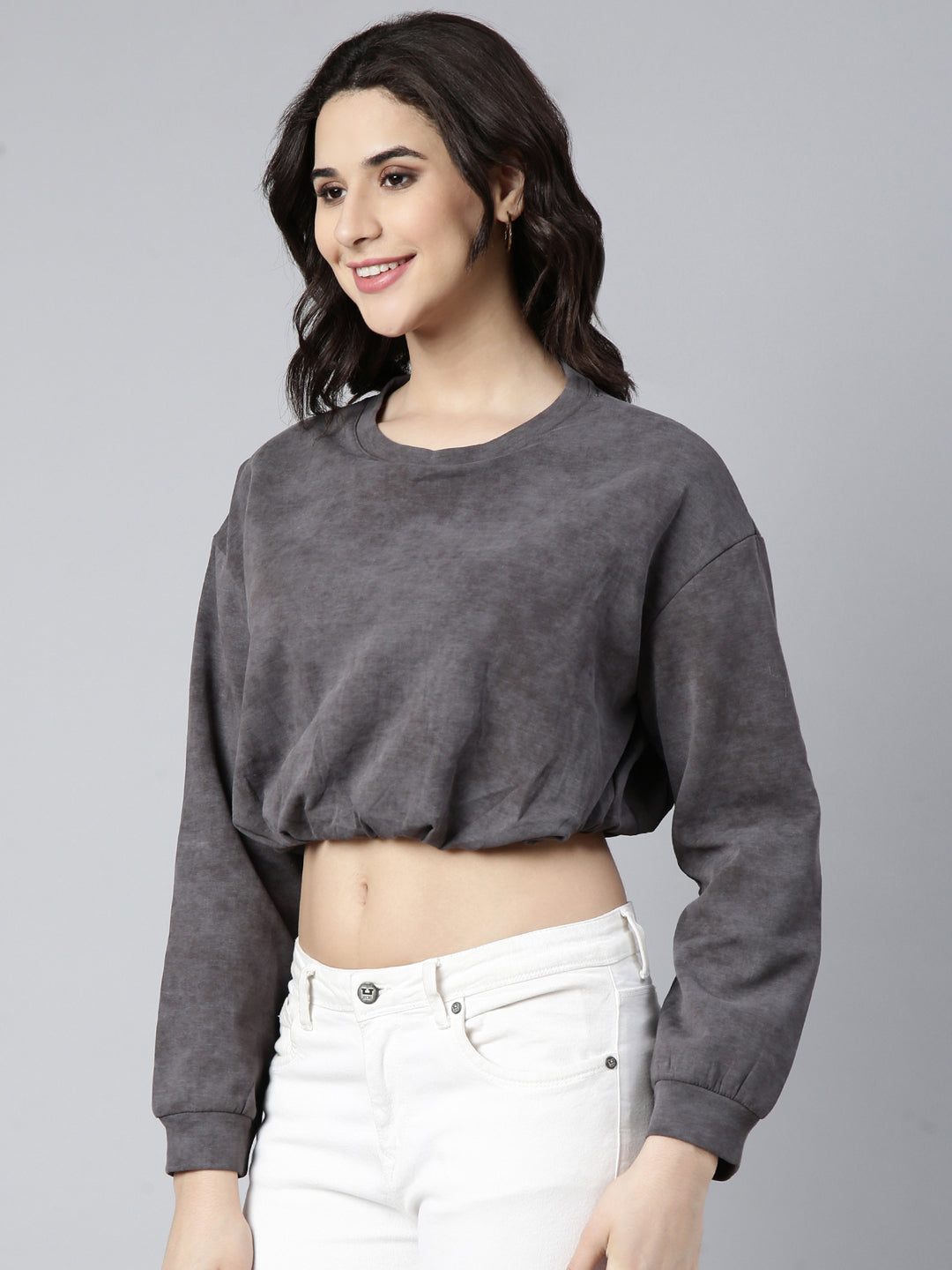 Women Solid Grey Blouson Drop Shoulder Crop Top