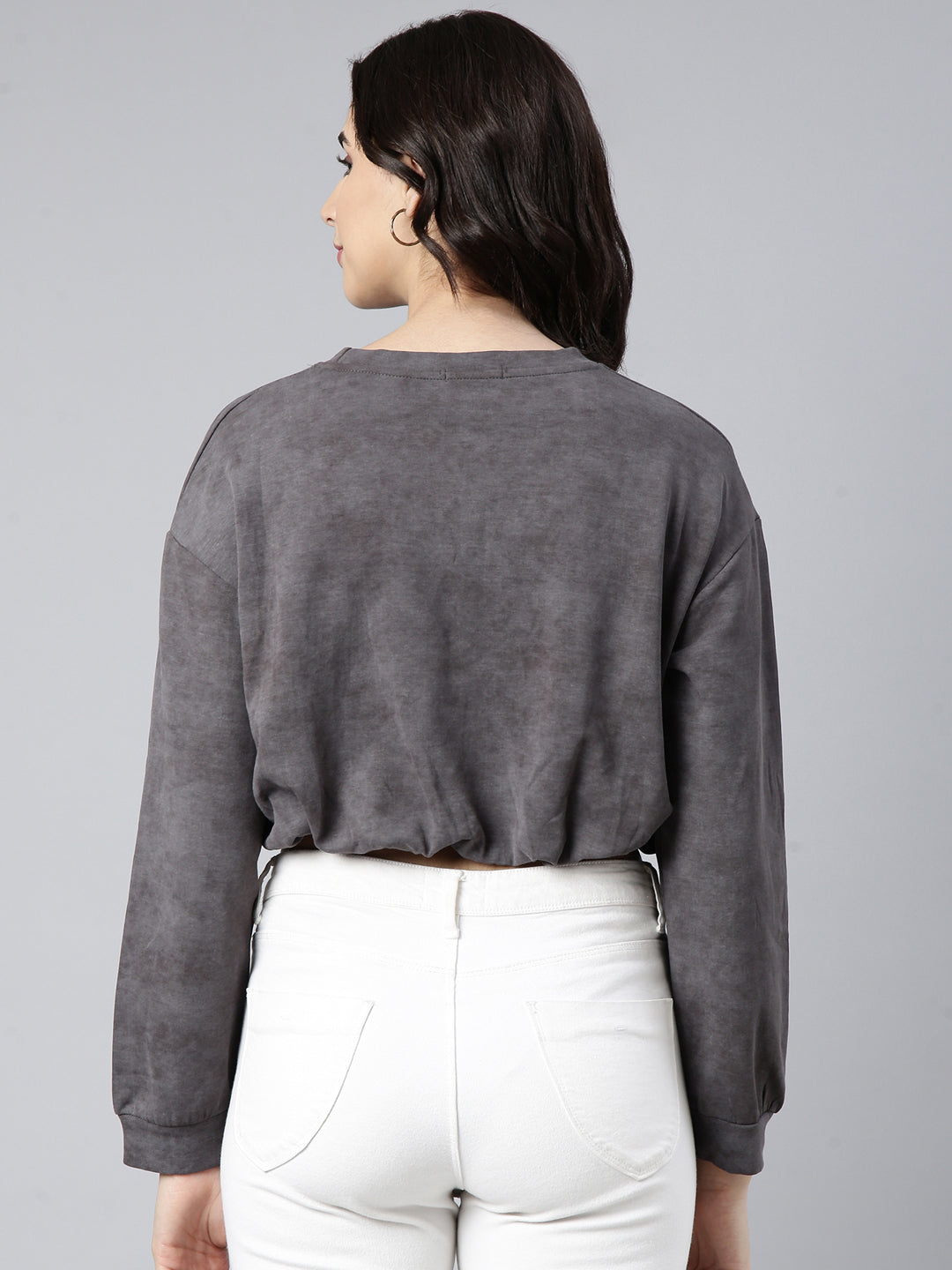 Women Solid Grey Blouson Drop Shoulder Crop Top