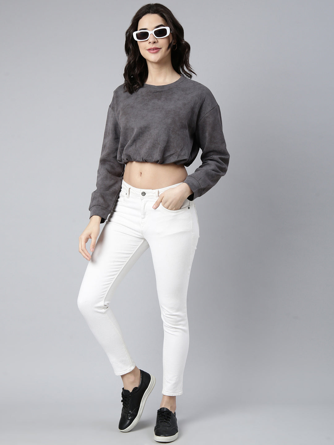 Women Solid Grey Blouson Drop Shoulder Crop Top