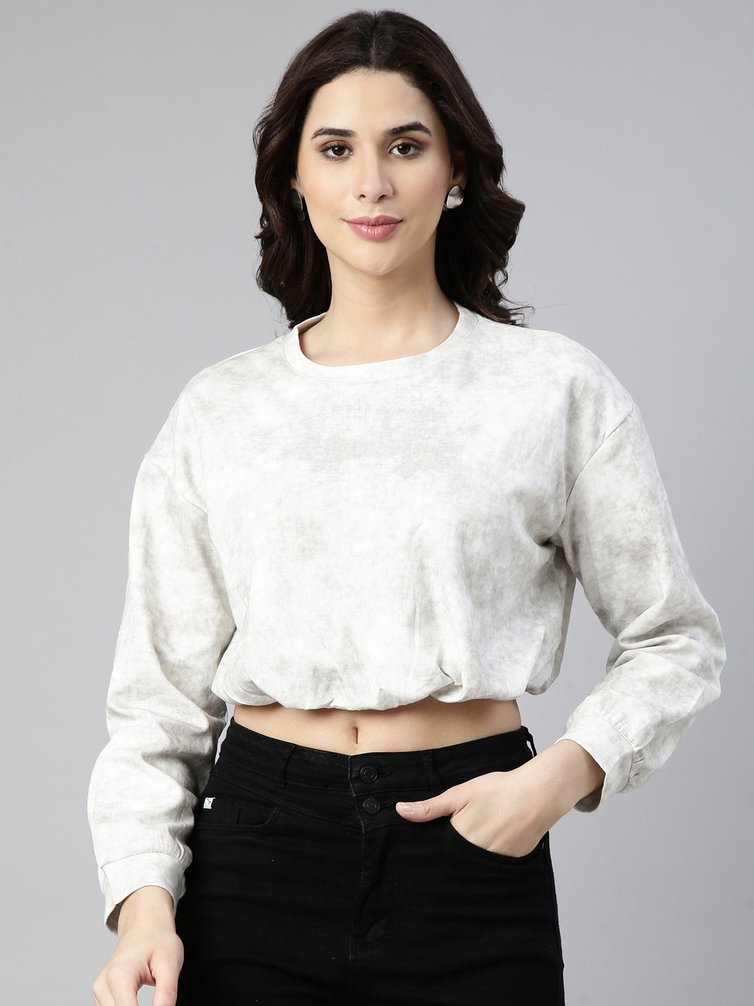 Women Solid Off White Blouson Drop Shoulder Crop Top