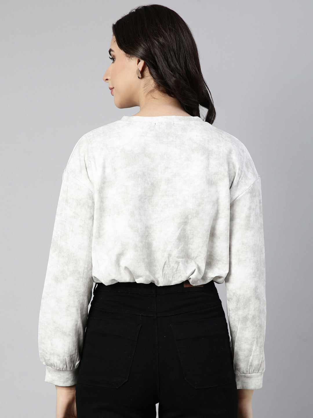 Women Solid Off White Blouson Drop Shoulder Crop Top