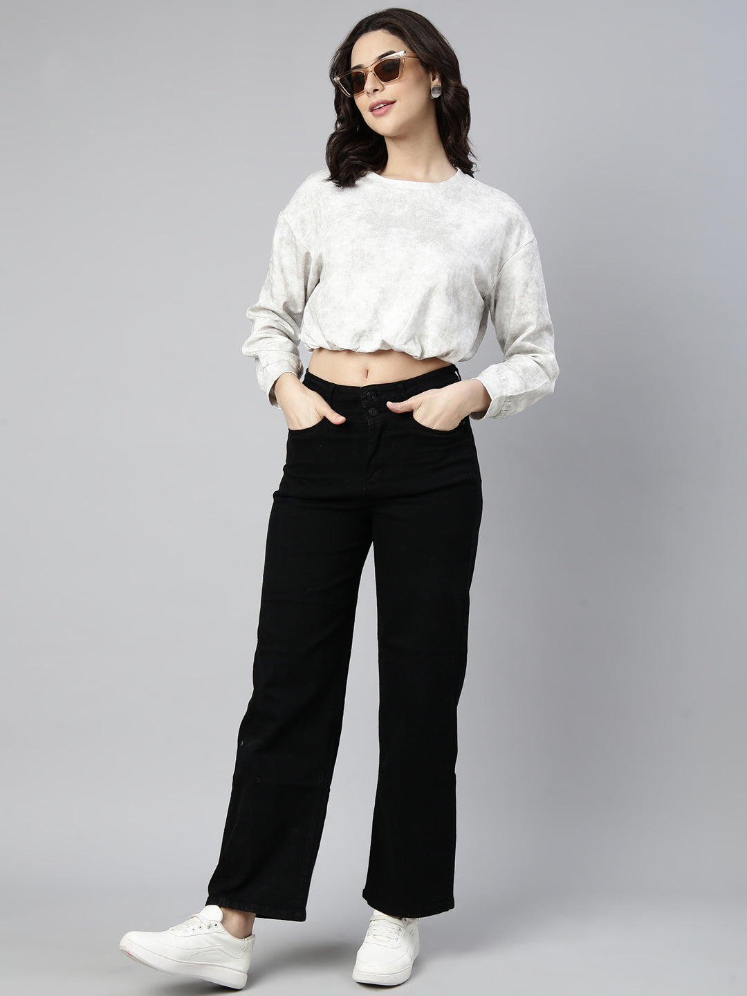 Women Solid Off White Blouson Drop Shoulder Crop Top