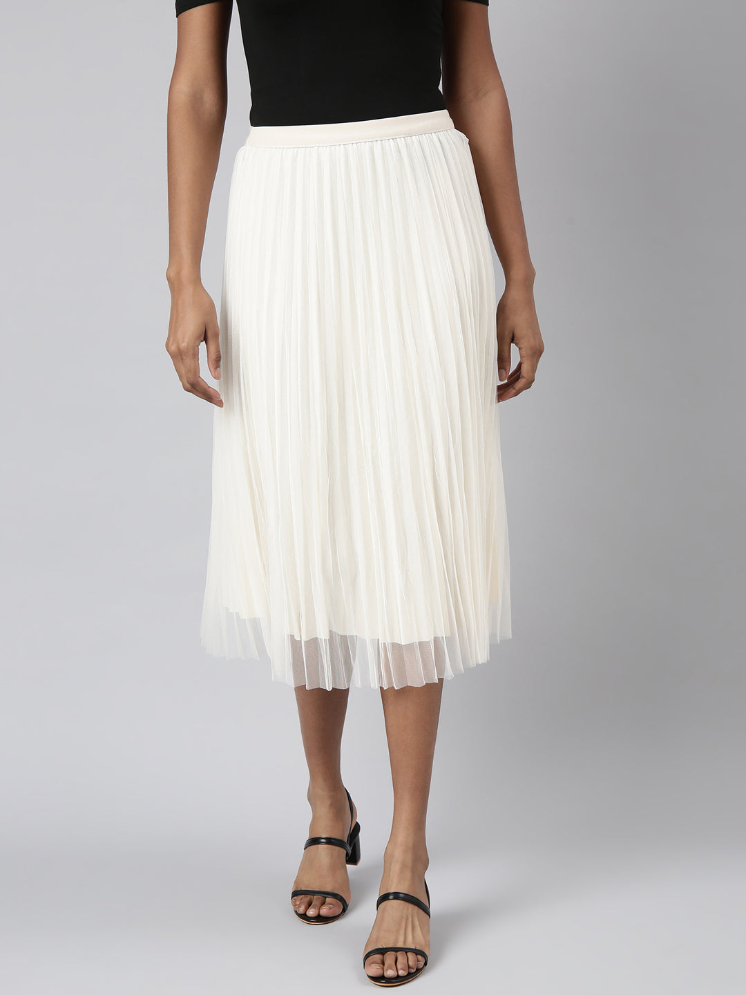 Women Flared Midi Cream Solid Skirt