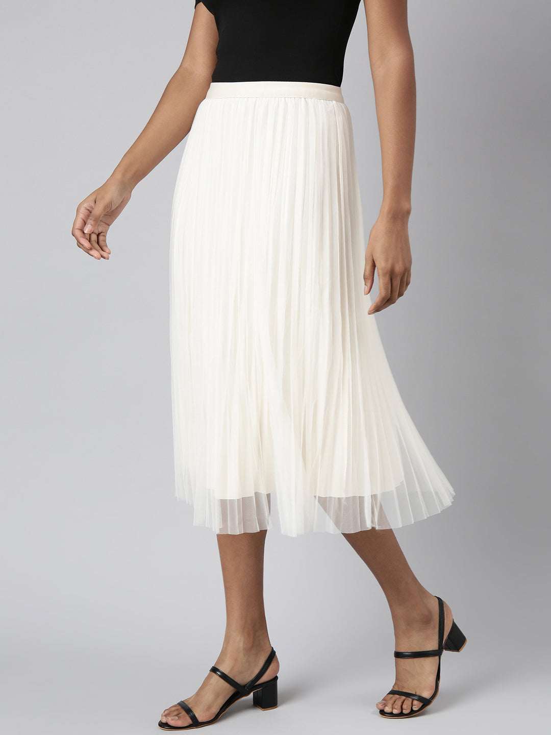 Women Flared Midi Cream Solid Skirt