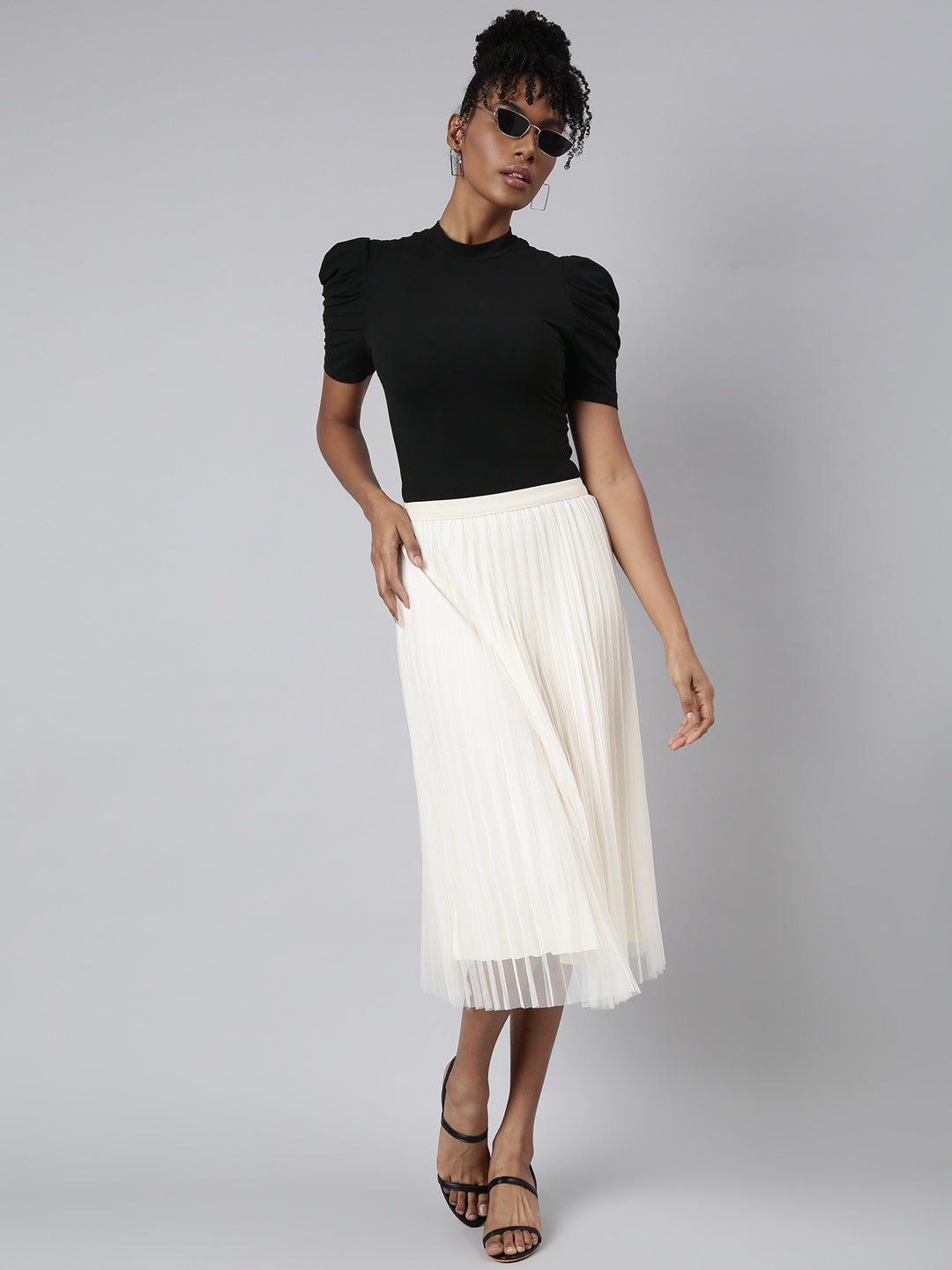 Women Flared Midi Cream Solid Skirt