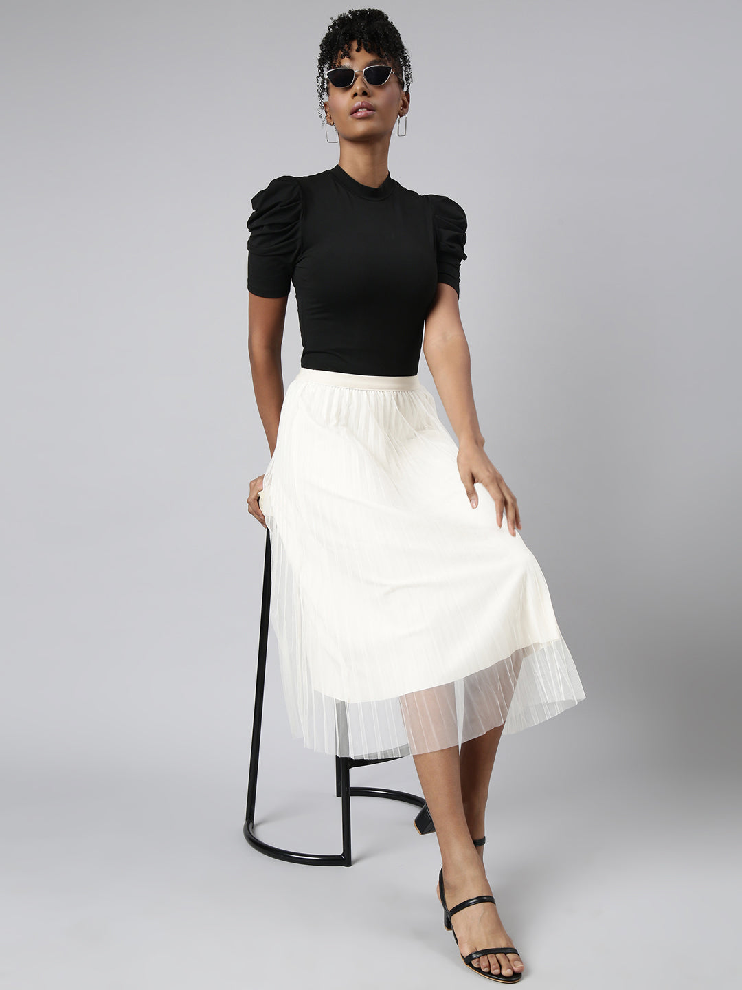 Women Flared Midi Cream Solid Skirt