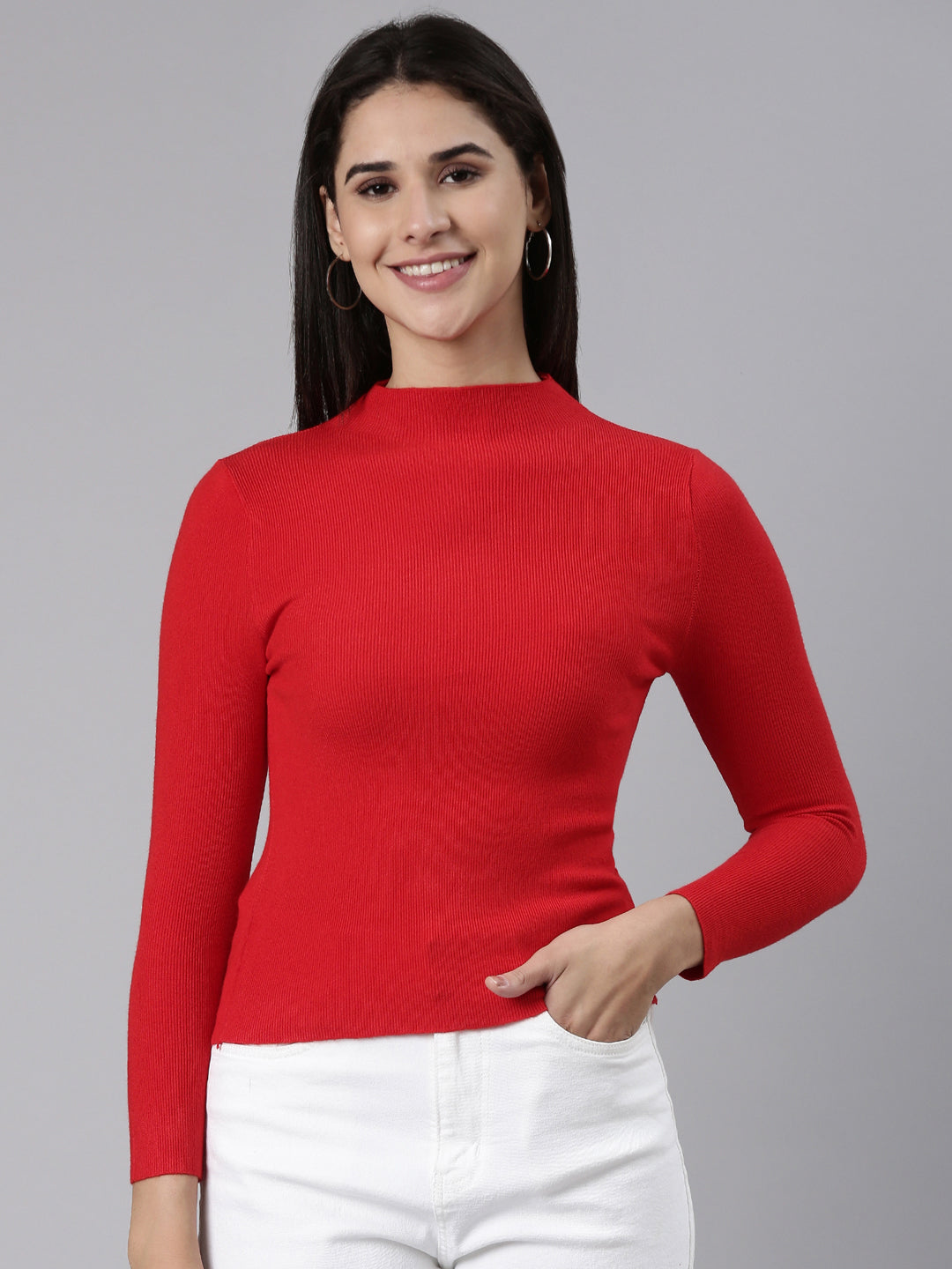 Women High Neck Solid Regular Sleeves Fitted Red Top