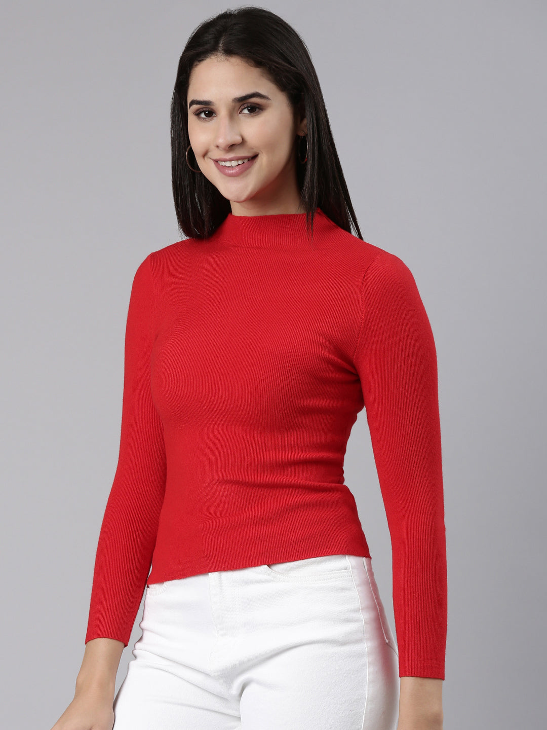 Women High Neck Solid Regular Sleeves Fitted Red Top