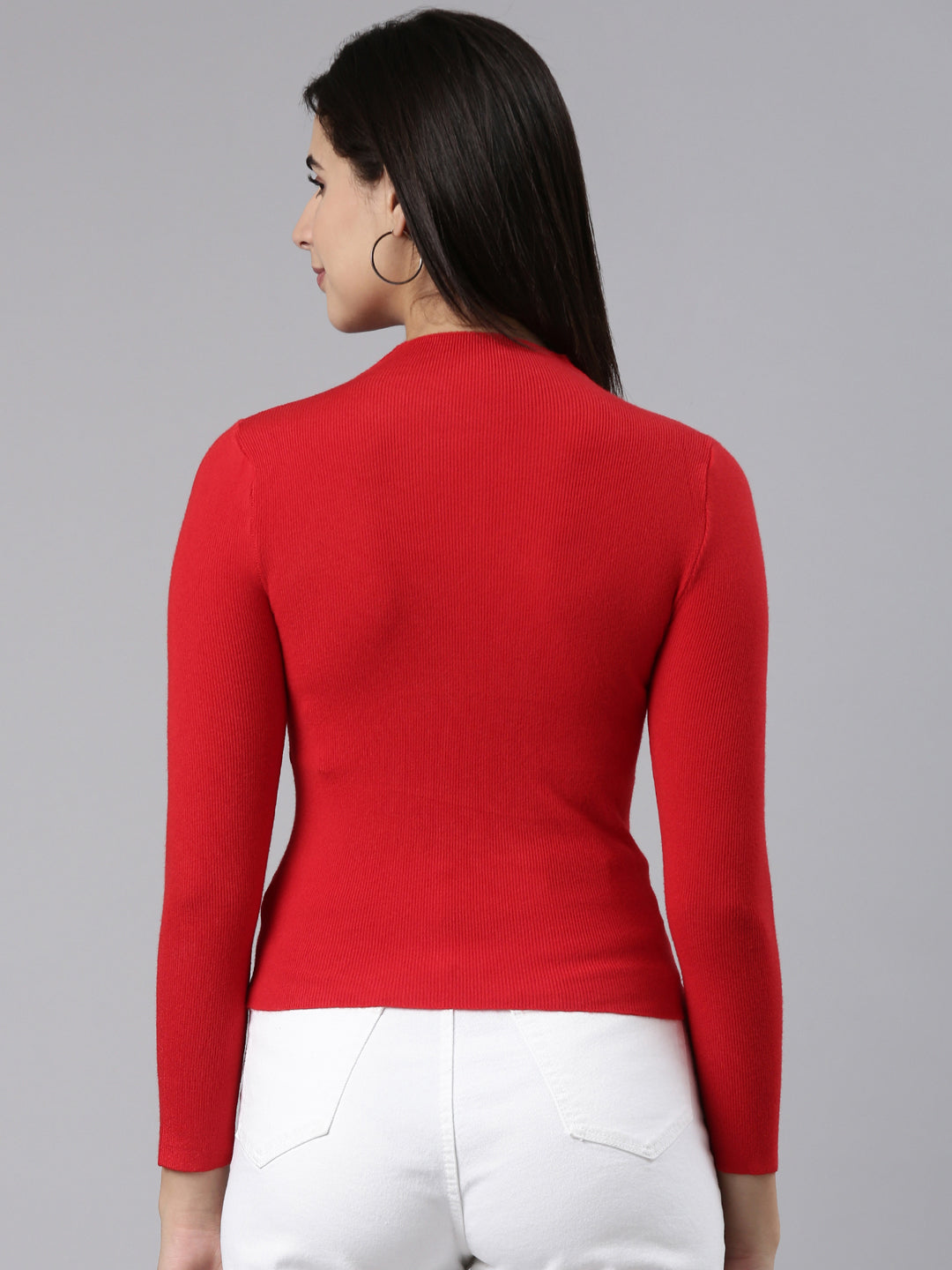 Women High Neck Solid Regular Sleeves Fitted Red Top