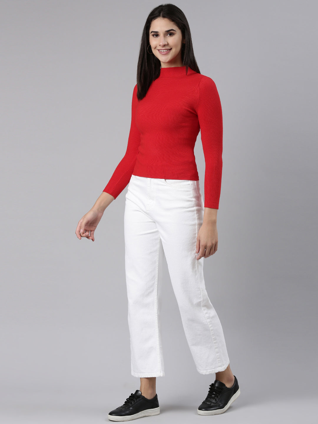 Women High Neck Solid Regular Sleeves Fitted Red Top