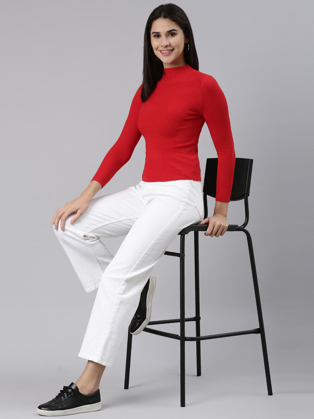 Women High Neck Solid Regular Sleeves Fitted Red Top