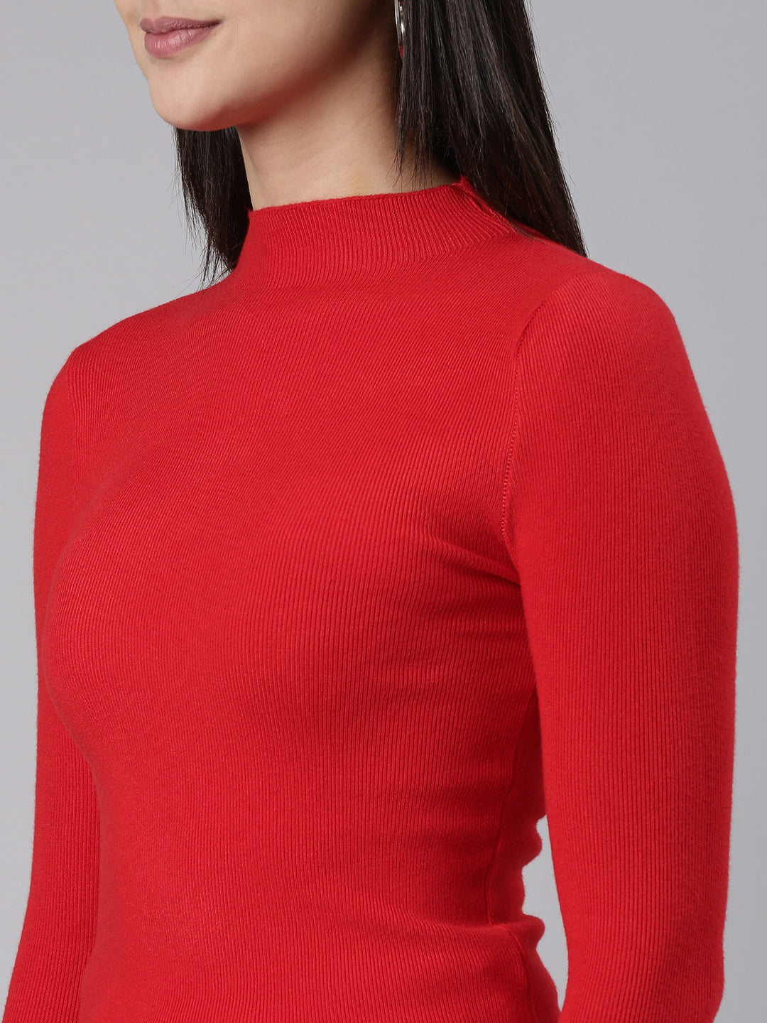 Women High Neck Solid Regular Sleeves Fitted Red Top