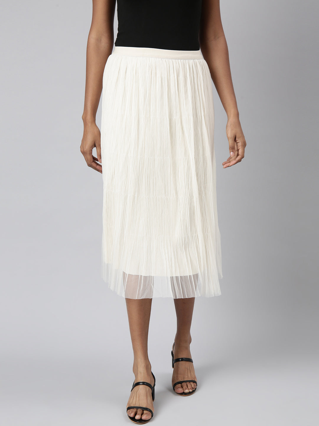 Women Flared Midi Cream Solid Skirt