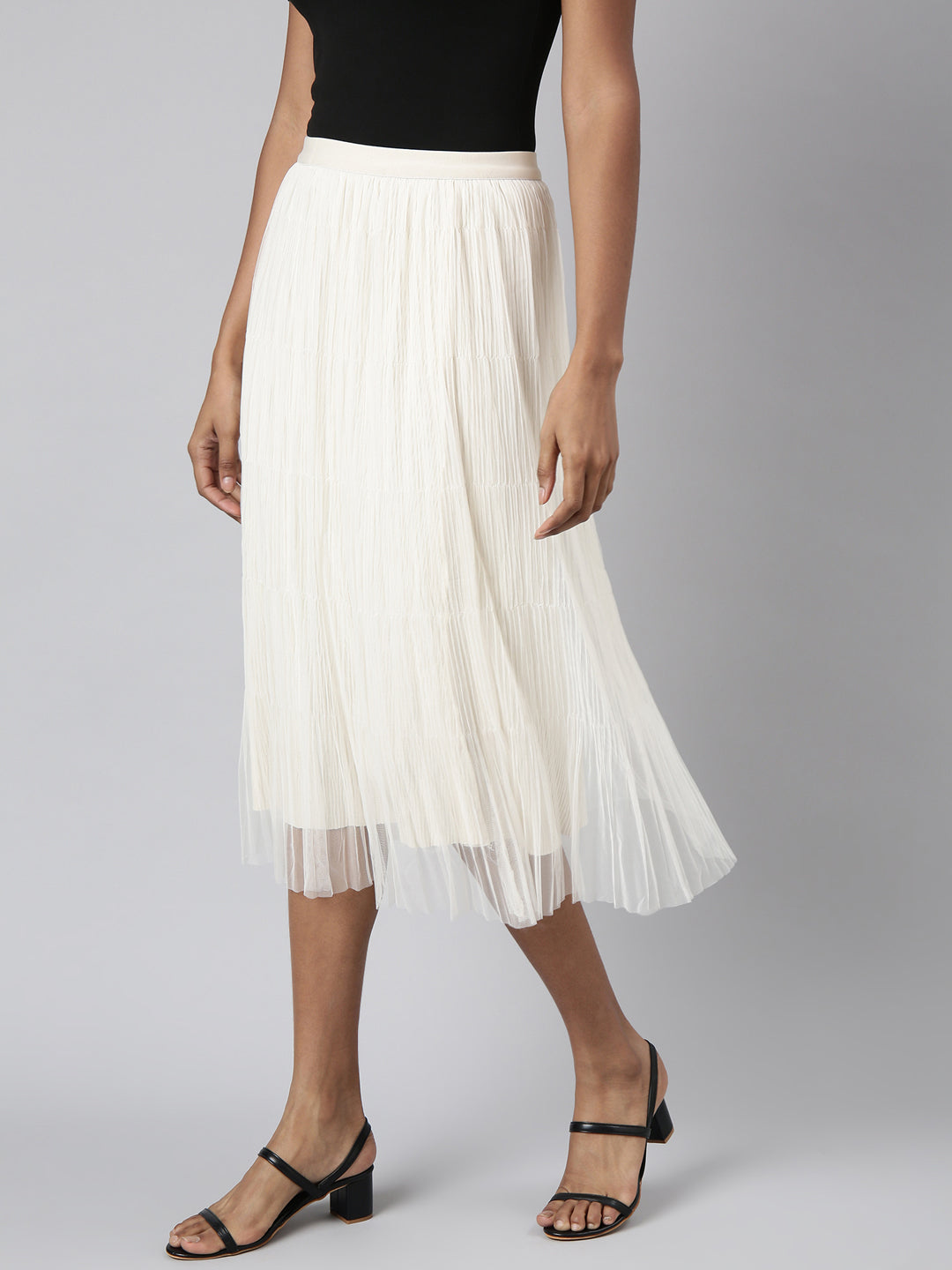 Women Flared Midi Cream Solid Skirt