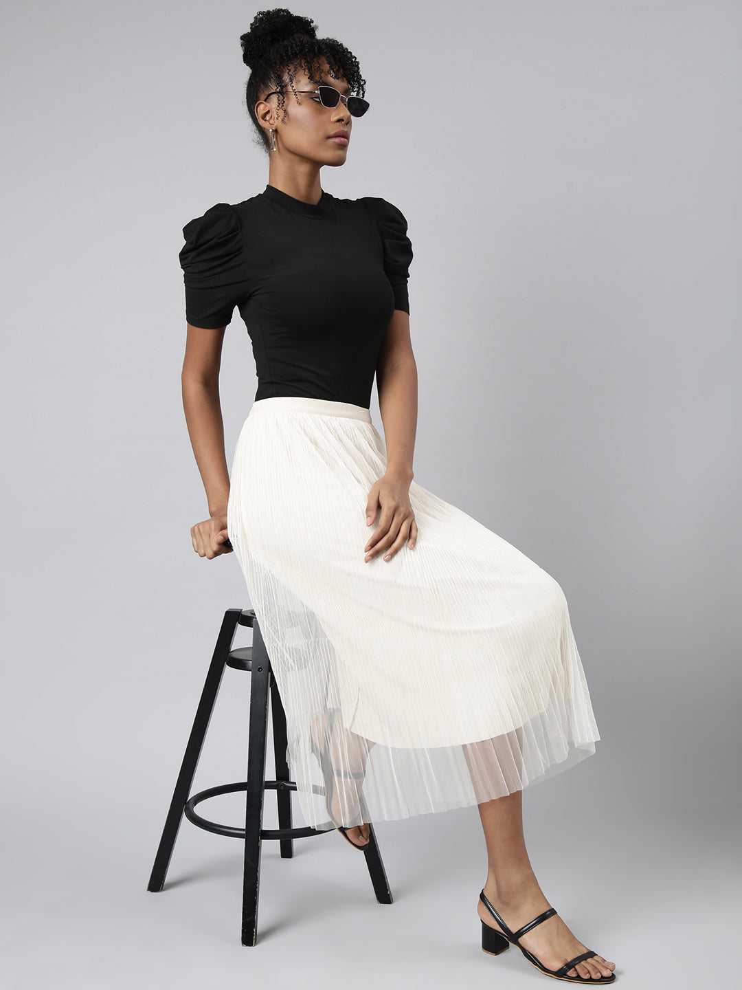 Women Flared Midi Cream Solid Skirt