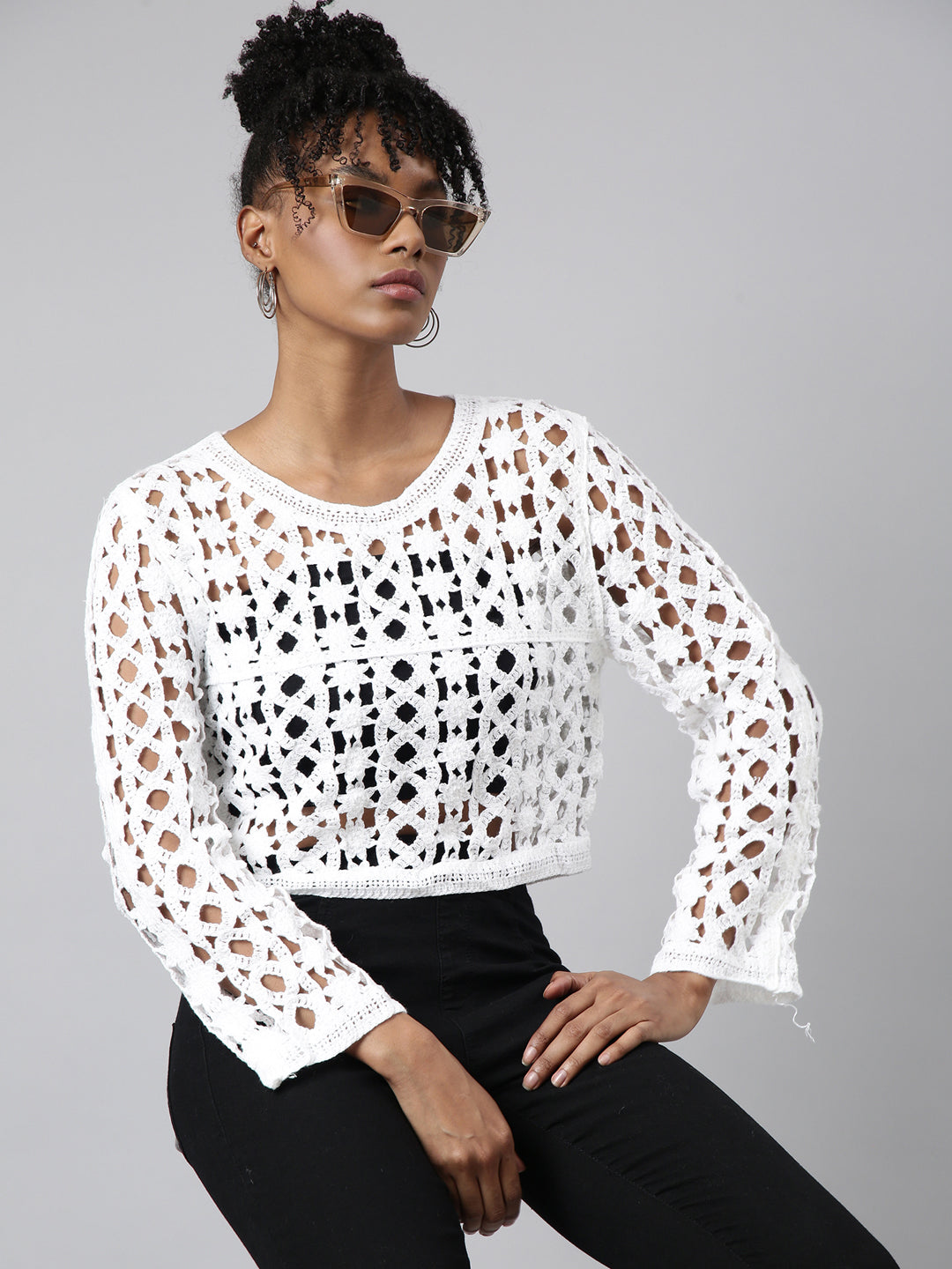 Women's Off White Solid Crop Crochet Top