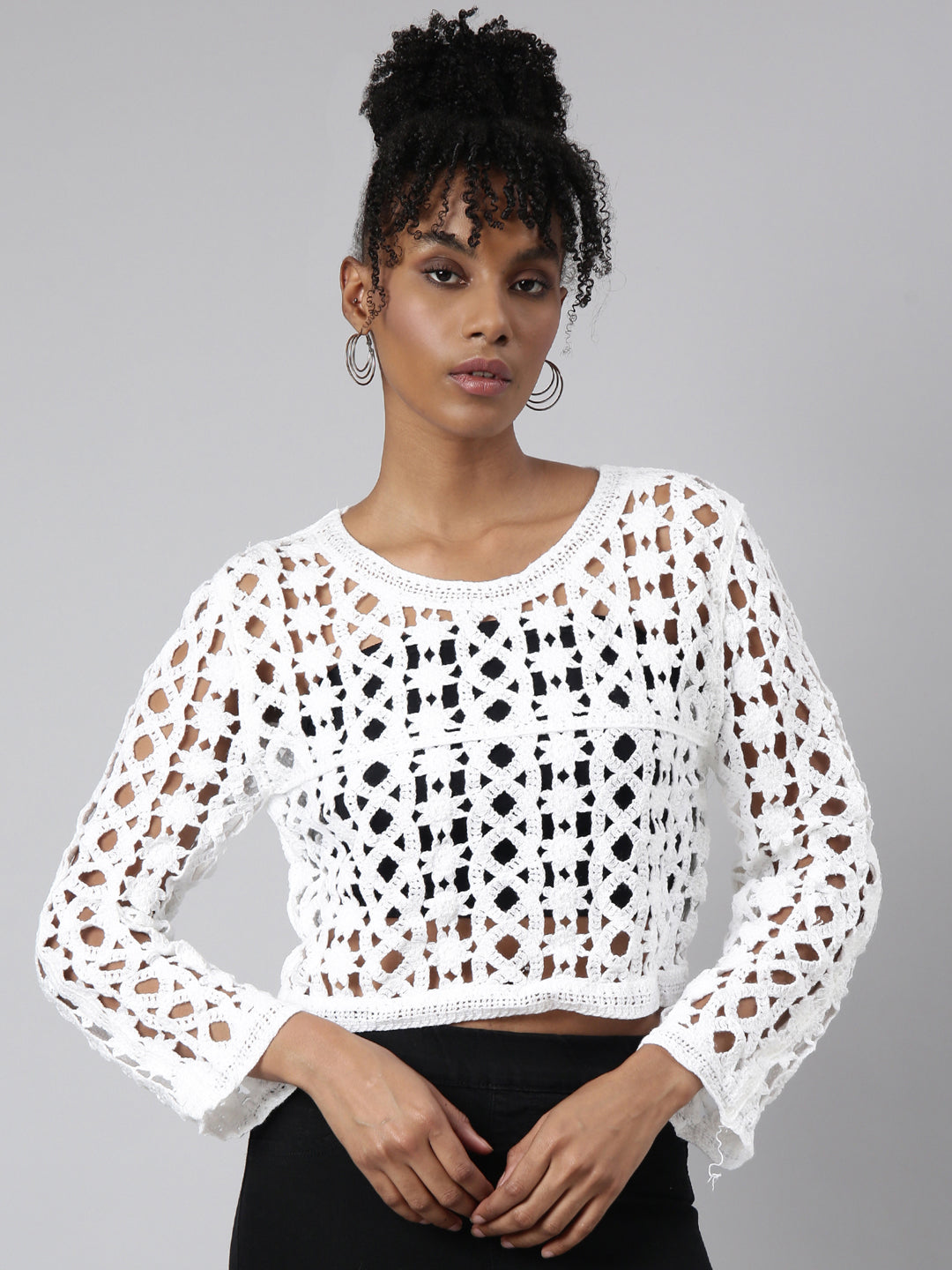 Women's Off White Solid Crop Crochet Top