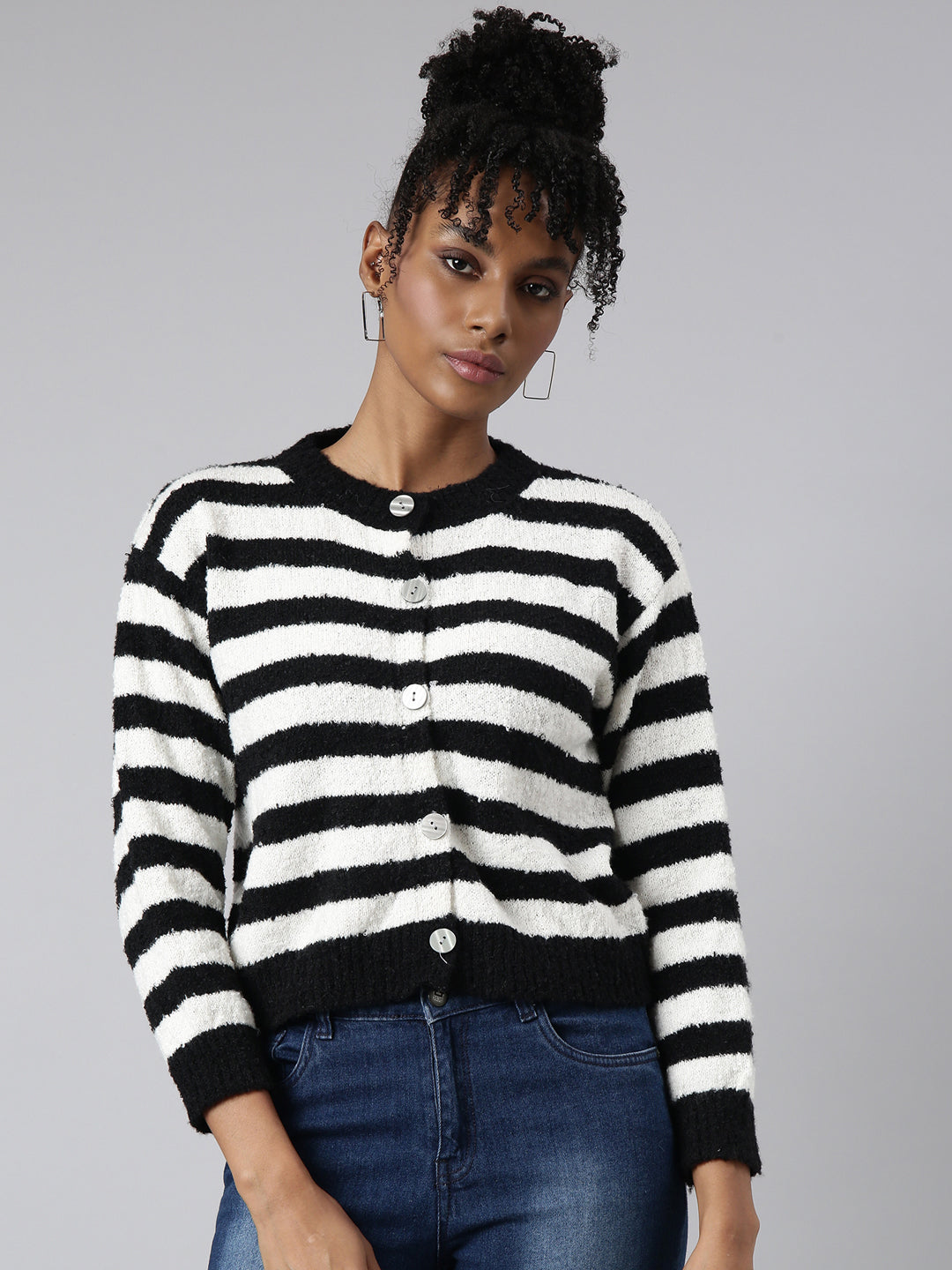 Women Striped Off White Regular Cardigan