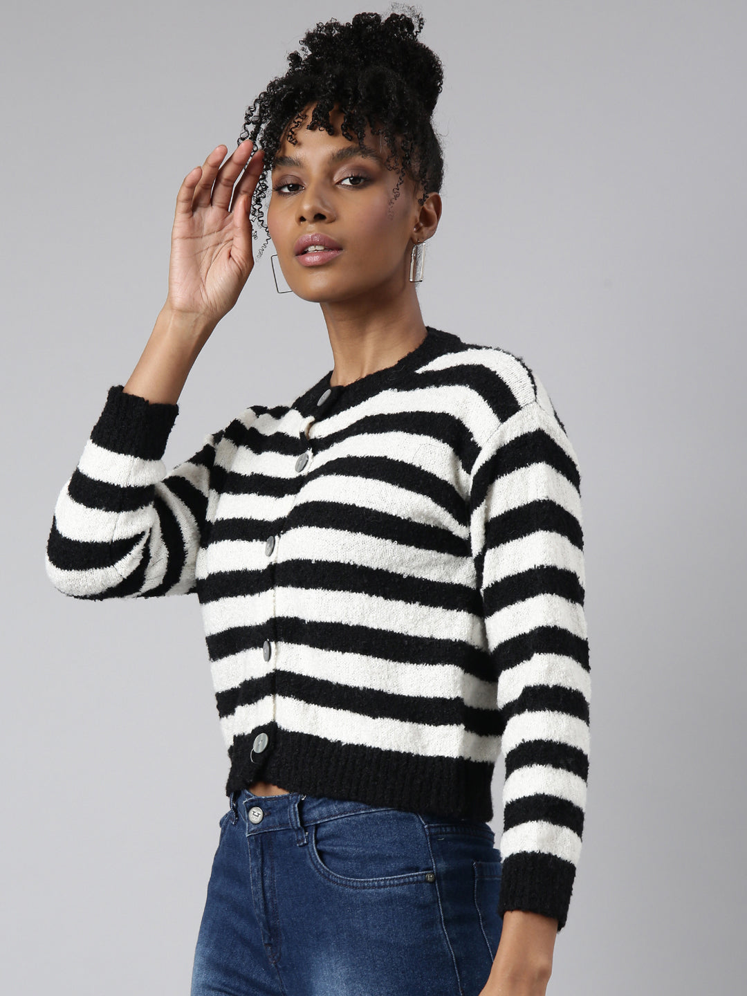 Women Striped Off White Regular Cardigan