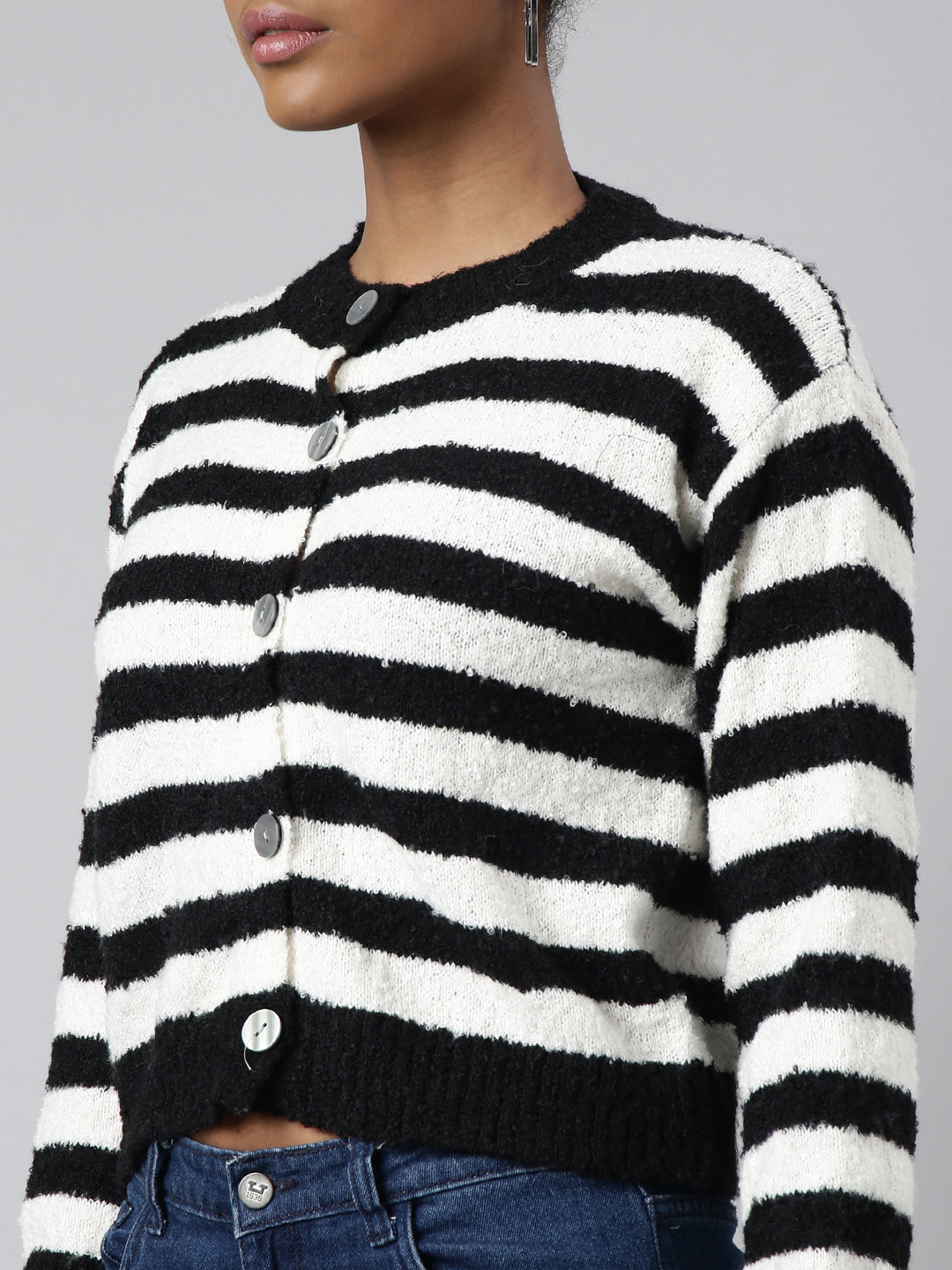 Women Striped Off White Regular Cardigan