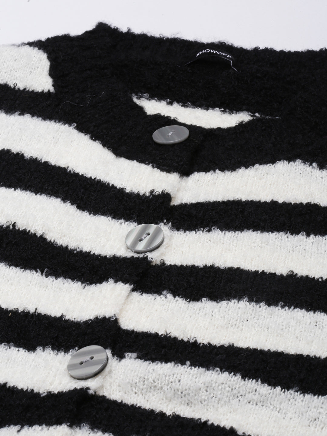 Women Striped Off White Regular Cardigan