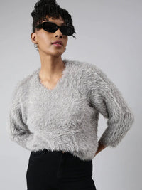 Women's Grey Self Design V-Neck Faux Fur Trim Bling Top