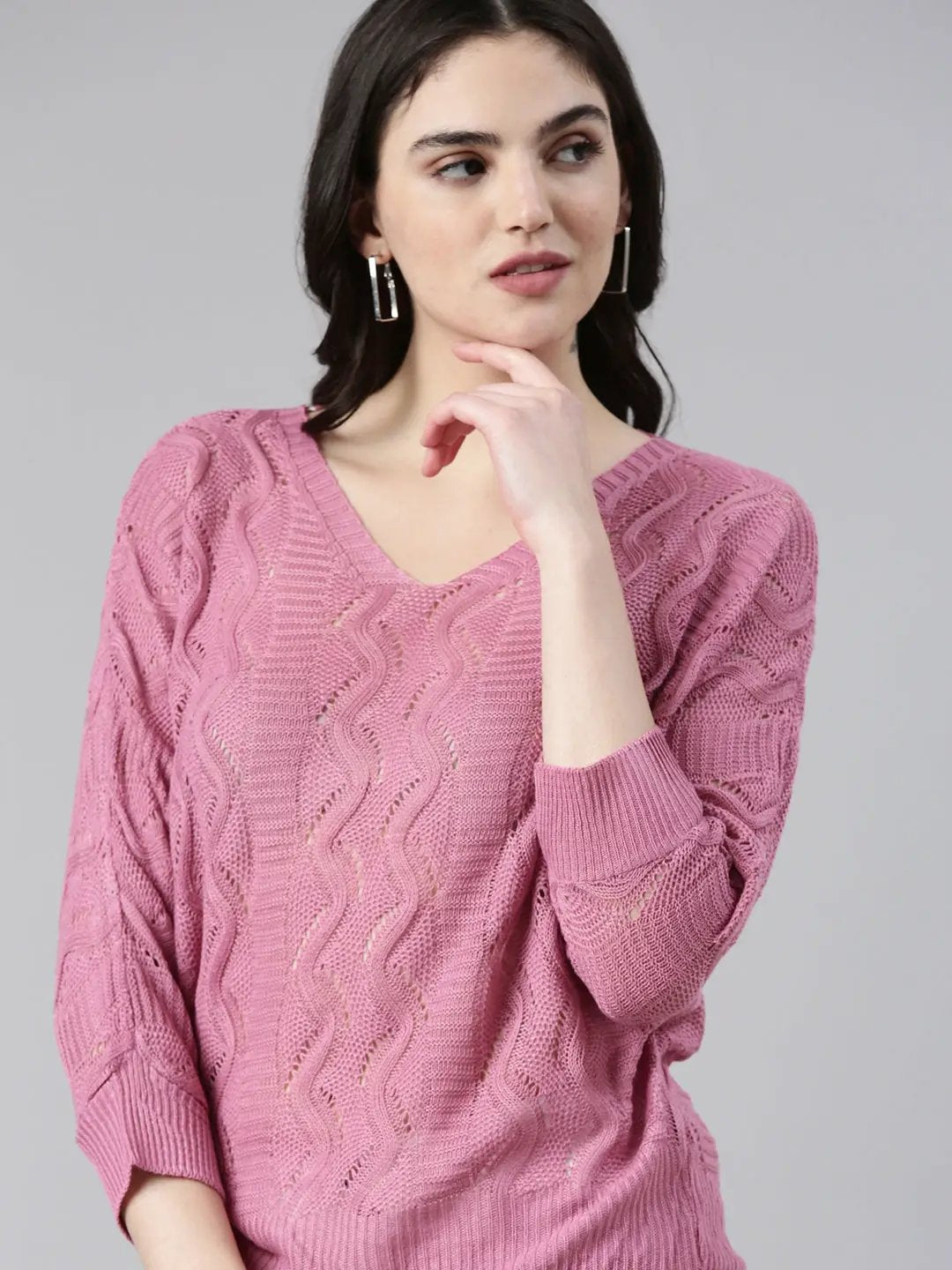 Women's V-Neck Self Design KimoSleeveless Regular Mauve Top