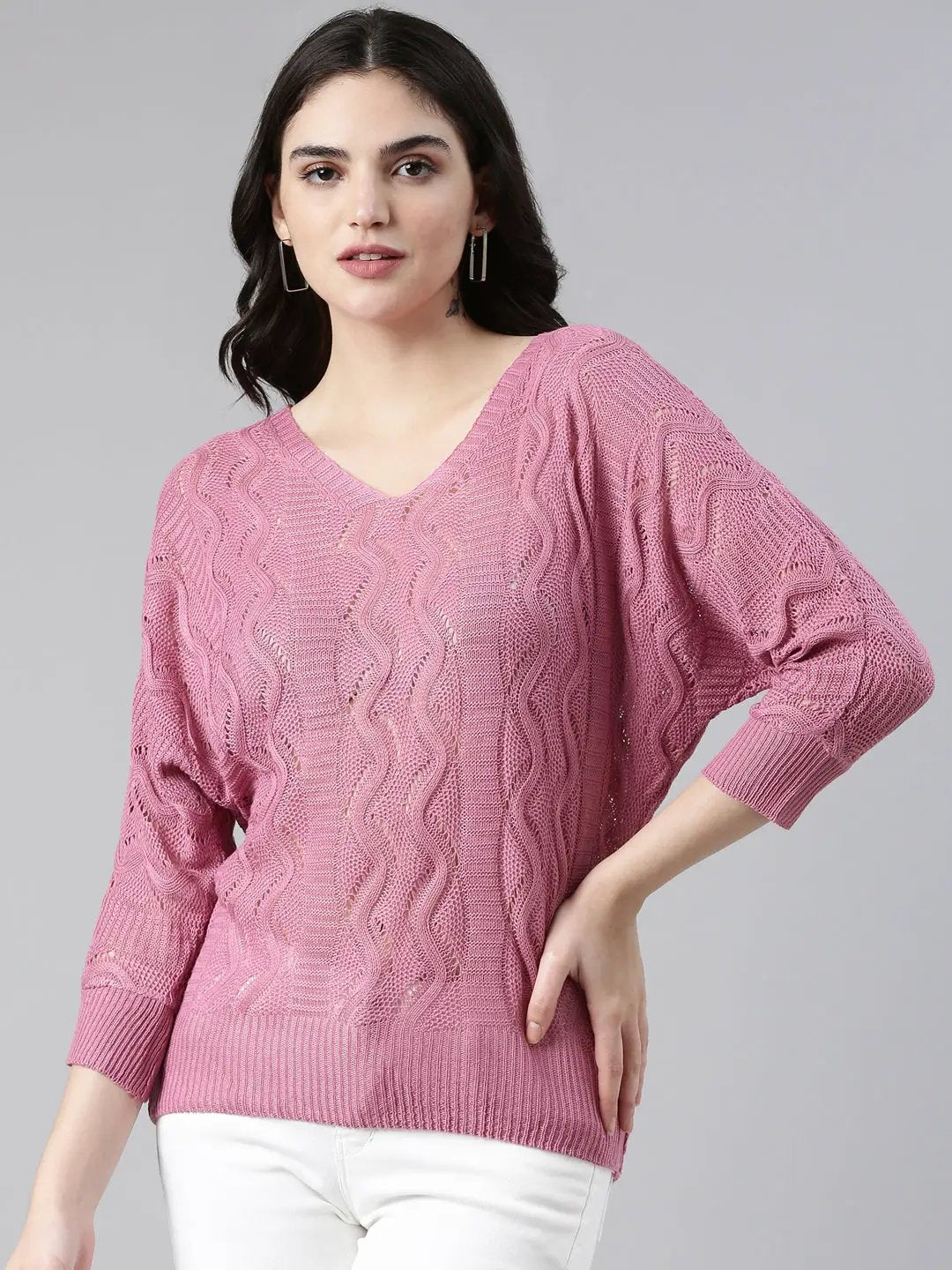 Women's V-Neck Self Design KimoSleeveless Regular Mauve Top