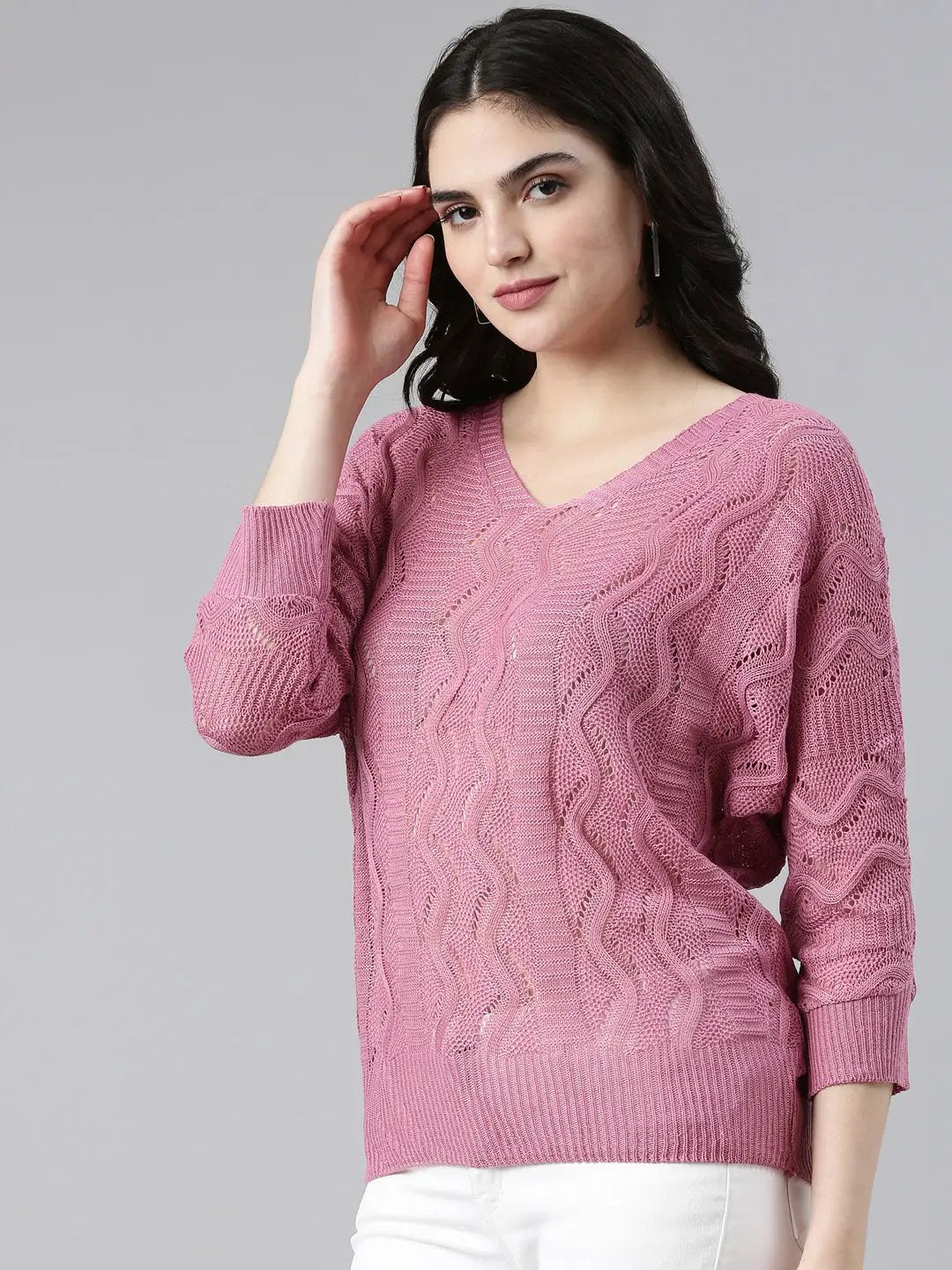 Women's V-Neck Self Design KimoSleeveless Regular Mauve Top