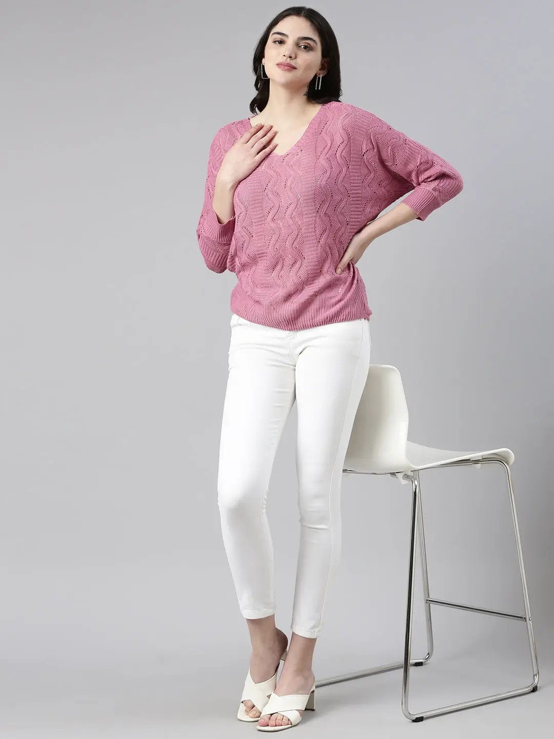 Women's V-Neck Self Design KimoSleeveless Regular Mauve Top