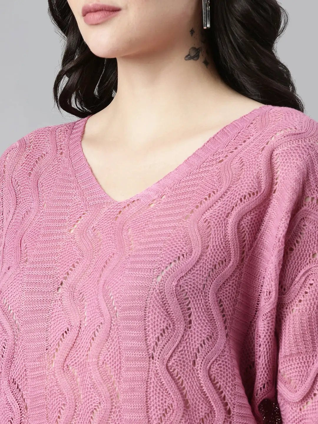 Women's V-Neck Self Design KimoSleeveless Regular Mauve Top