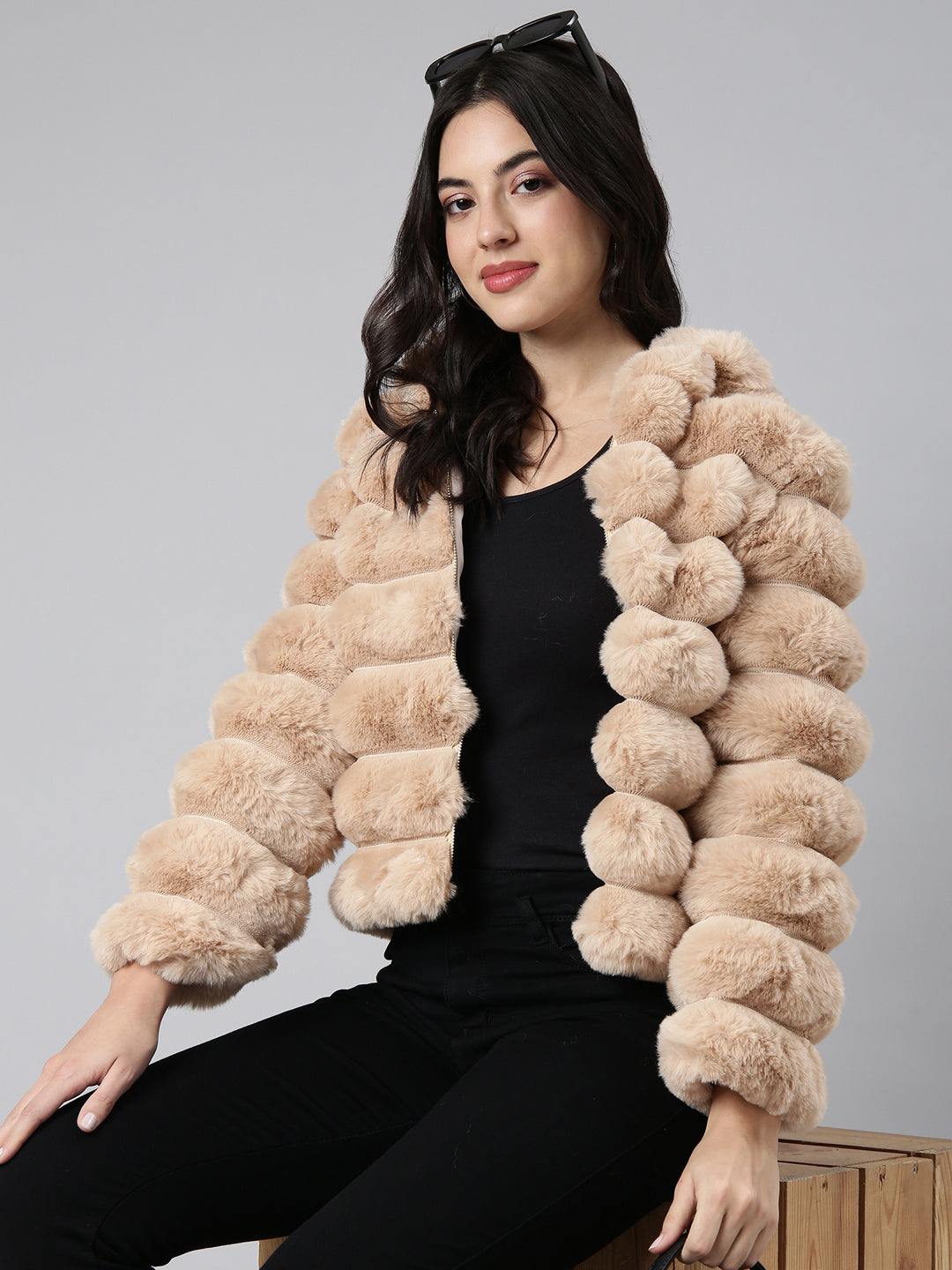 Women's Beige Self Design Hooded Windcheater Longline Padded Jacket