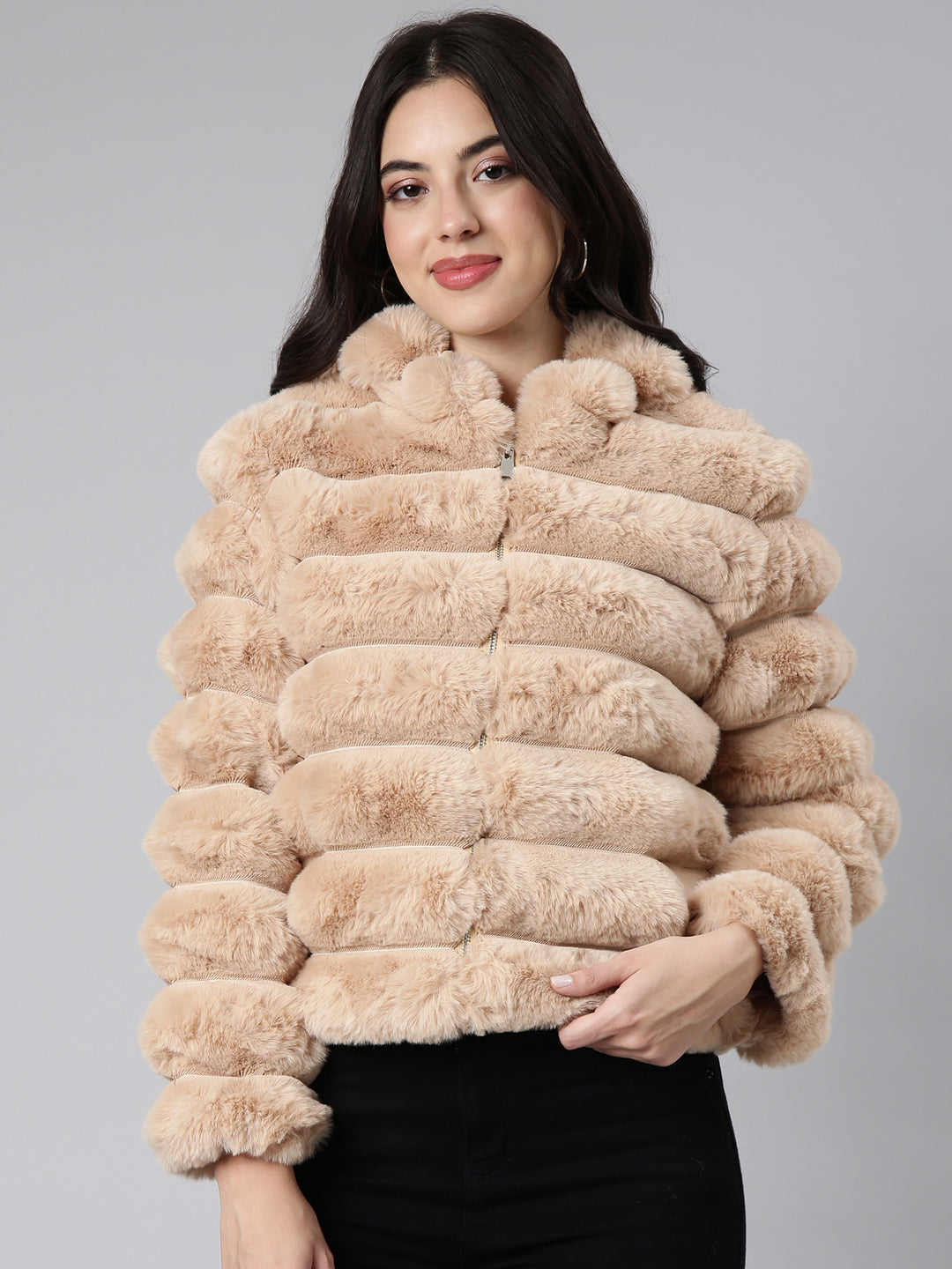 Women's Beige Self Design Hooded Windcheater Longline Padded Jacket