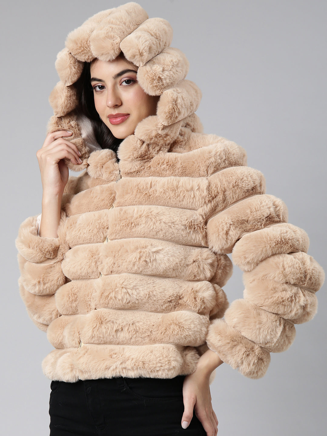 Women's Beige Self Design Hooded Windcheater Longline Padded Jacket