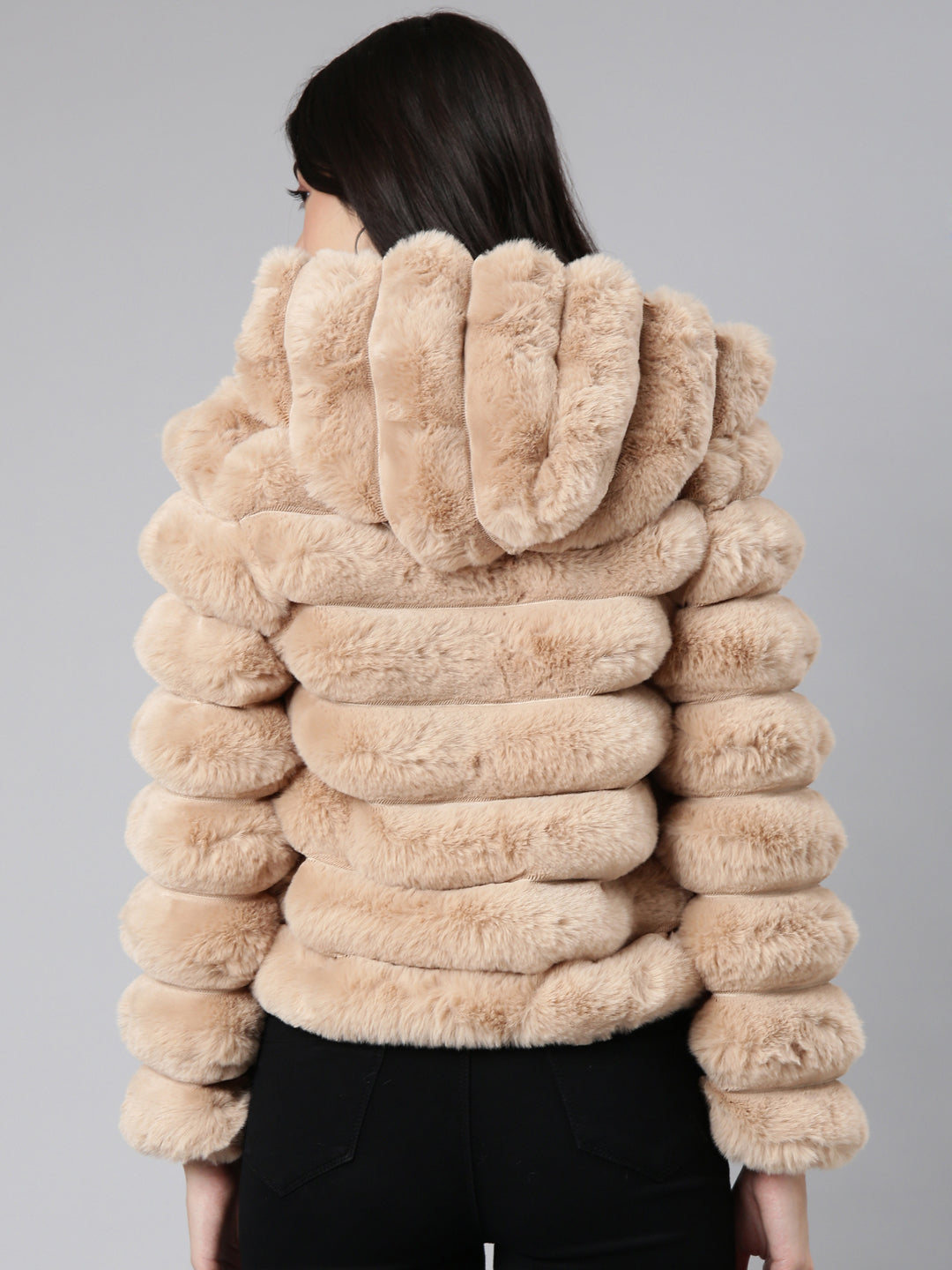 Women's Beige Self Design Hooded Windcheater Longline Padded Jacket