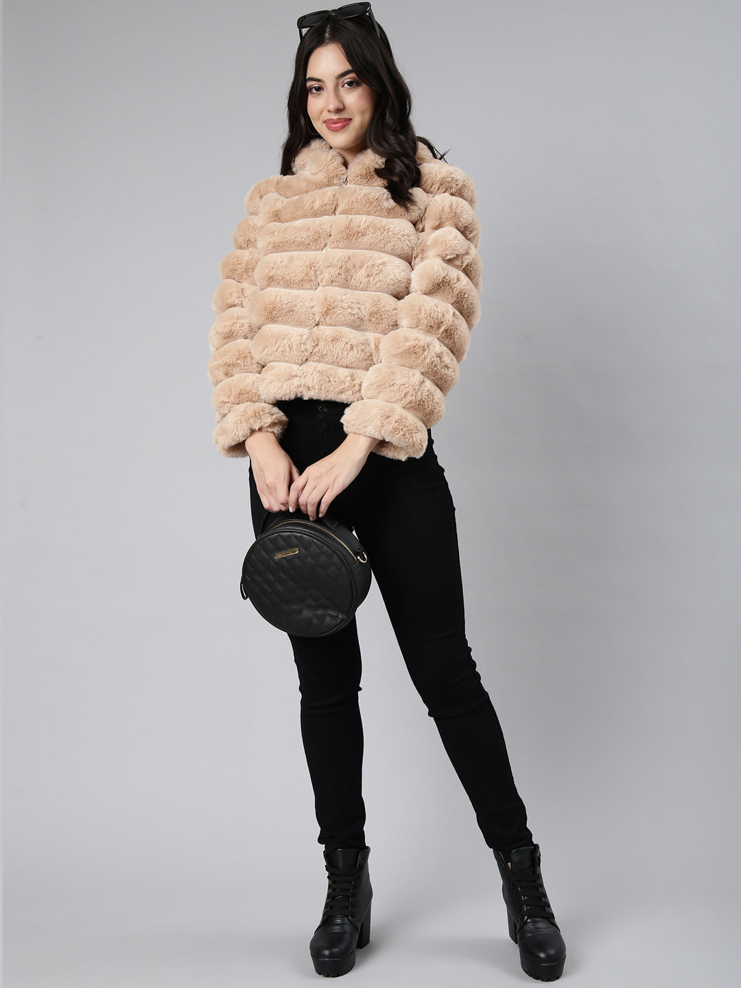 Women's Beige Self Design Hooded Windcheater Longline Padded Jacket