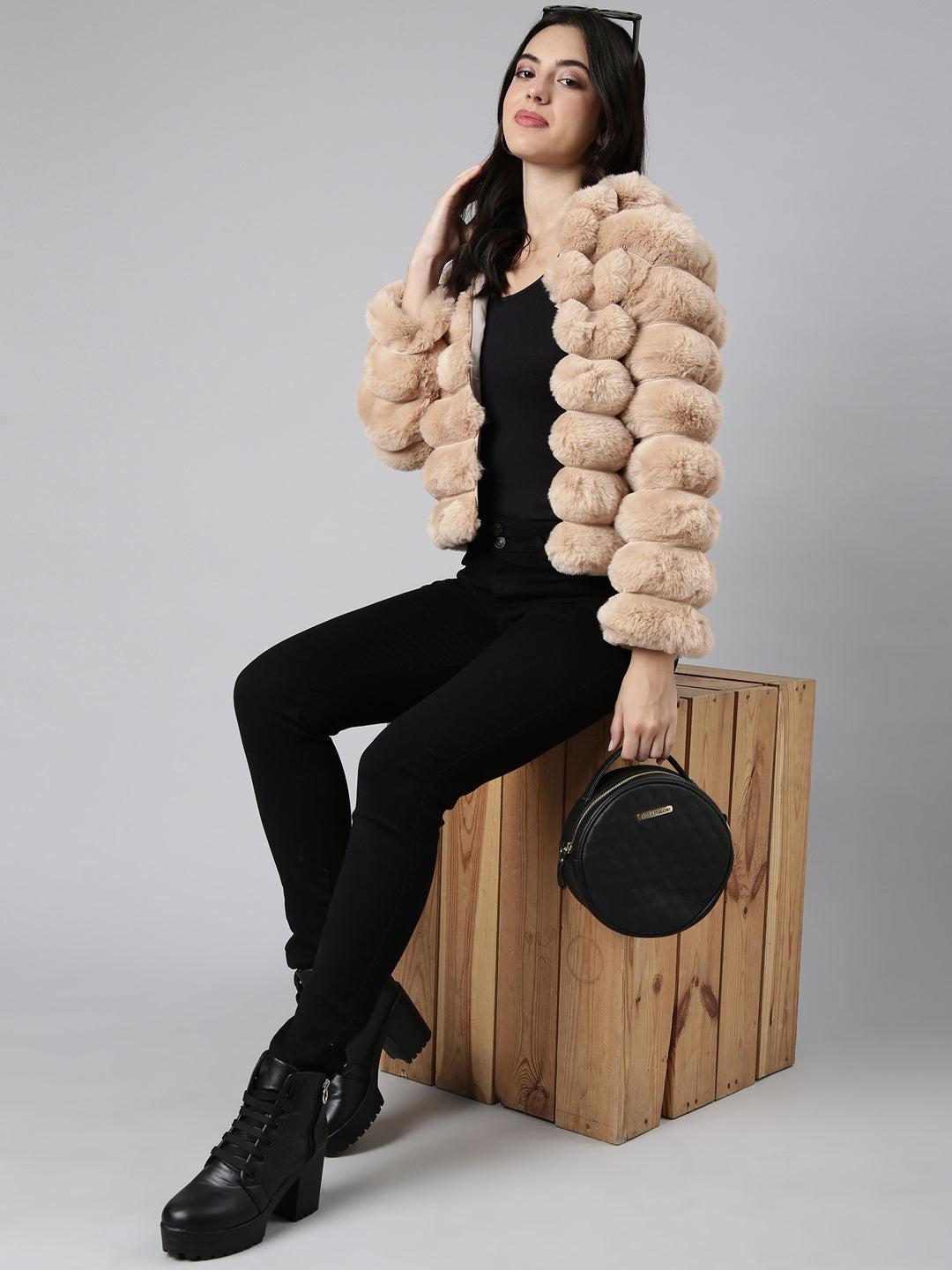 Women's Beige Self Design Hooded Windcheater Longline Padded Jacket