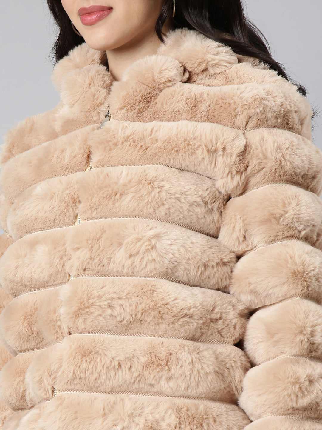 Women's Beige Self Design Hooded Windcheater Longline Padded Jacket