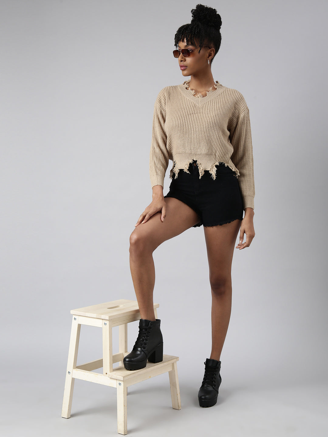 Women Beige Self Design Boxy Top