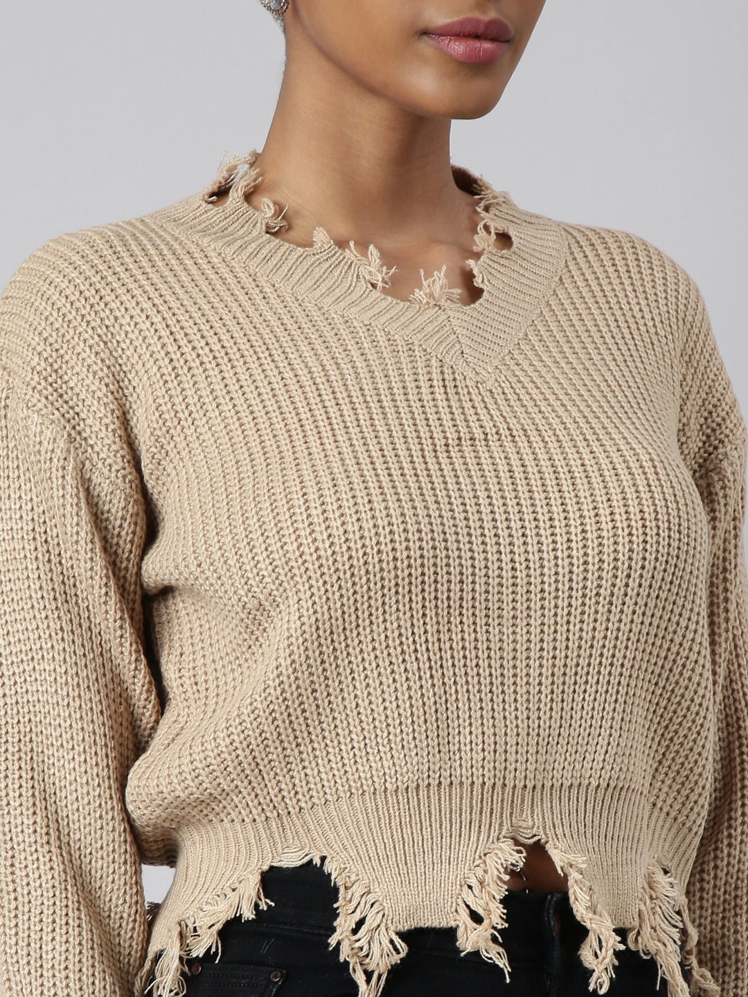 Women Beige Self Design Boxy Top