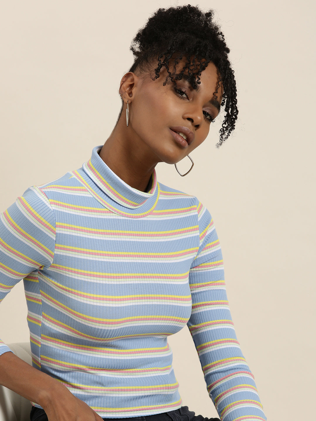 Women's Blue Striped Turtle Neck Fitted Top