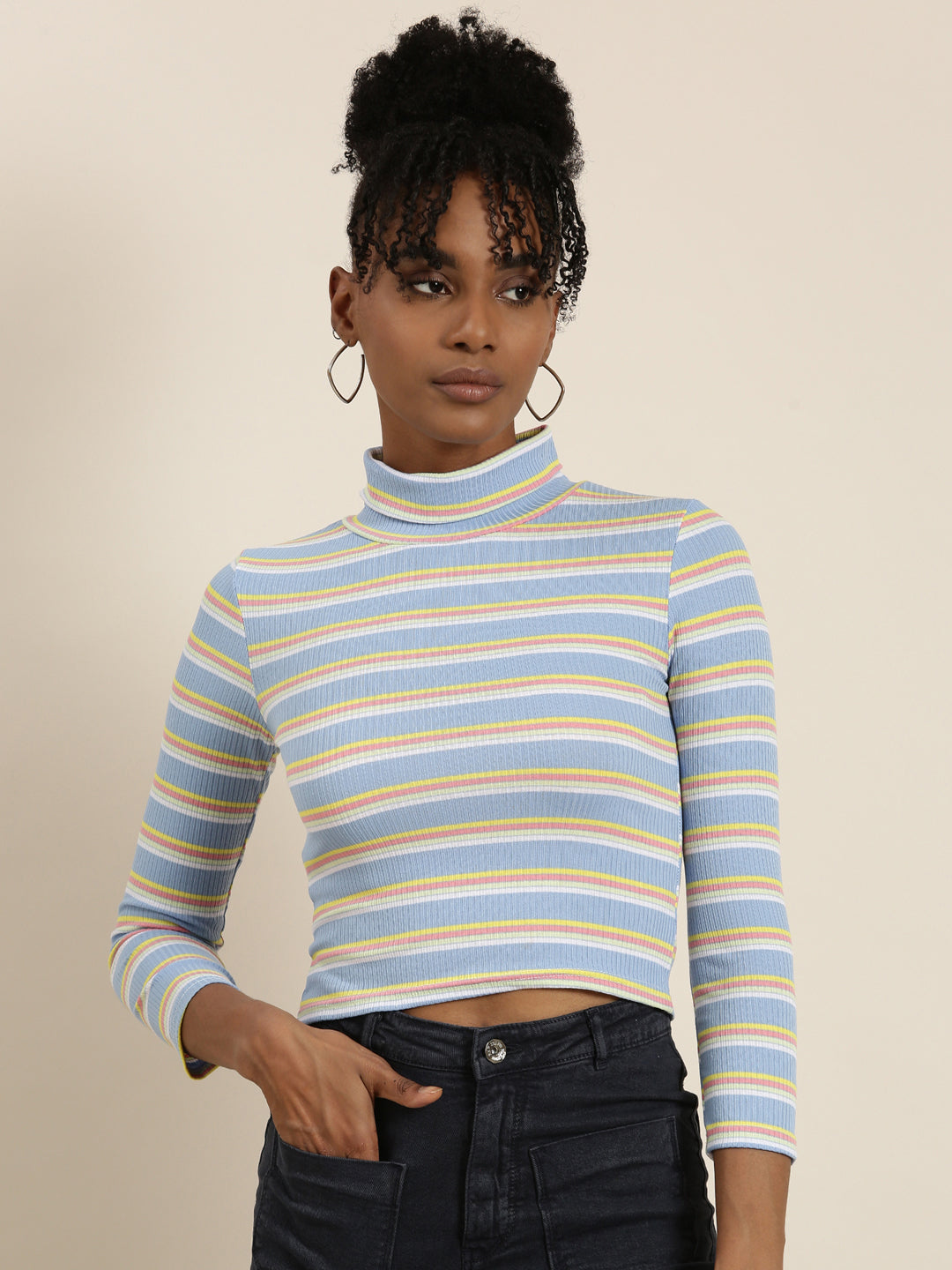 Women's Blue Striped Turtle Neck Fitted Top